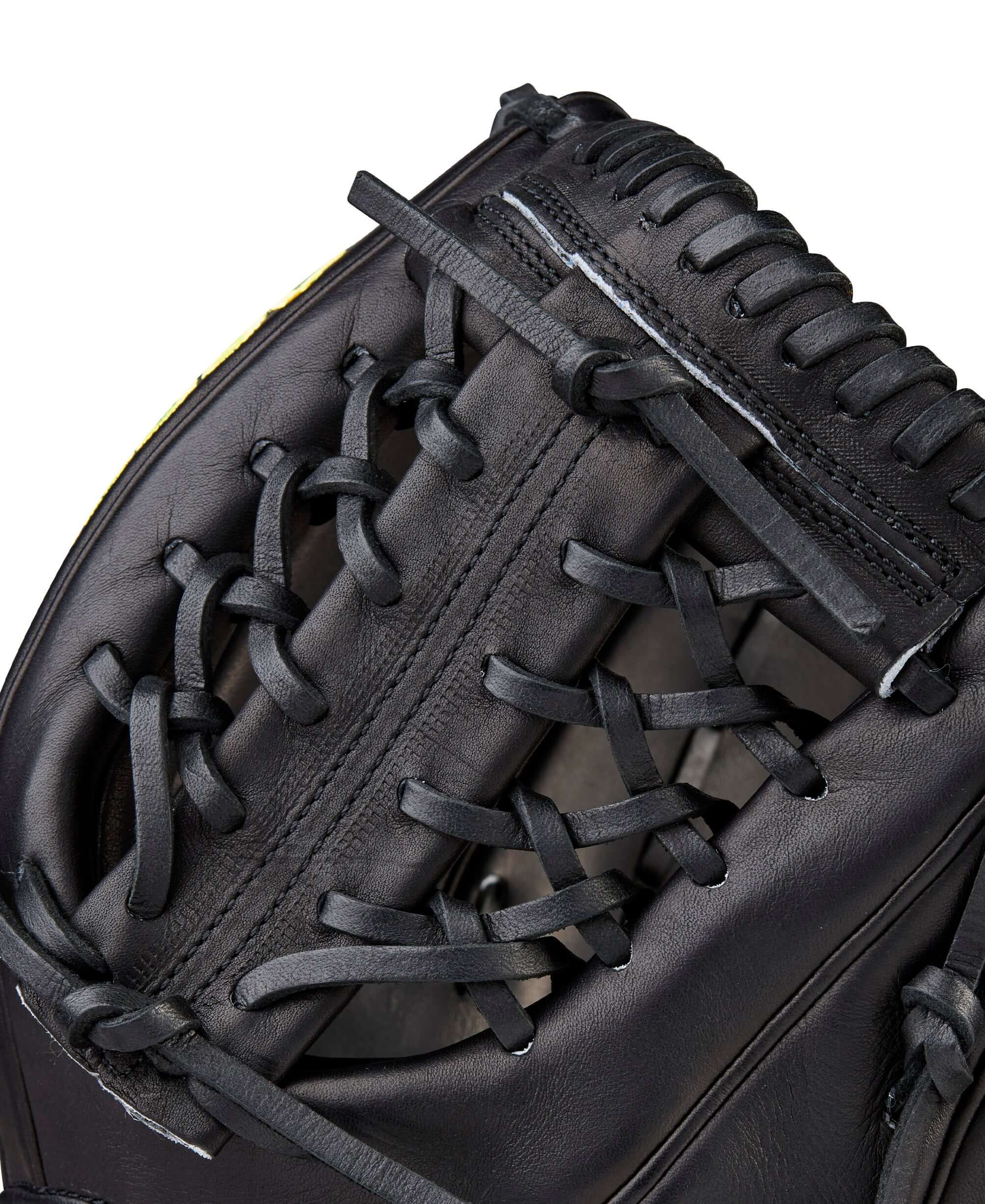 Wilson 2026 A2000 Classic 1789 11.5" Infield Baseball Glove Black LHT close-up view of laces and leather.
