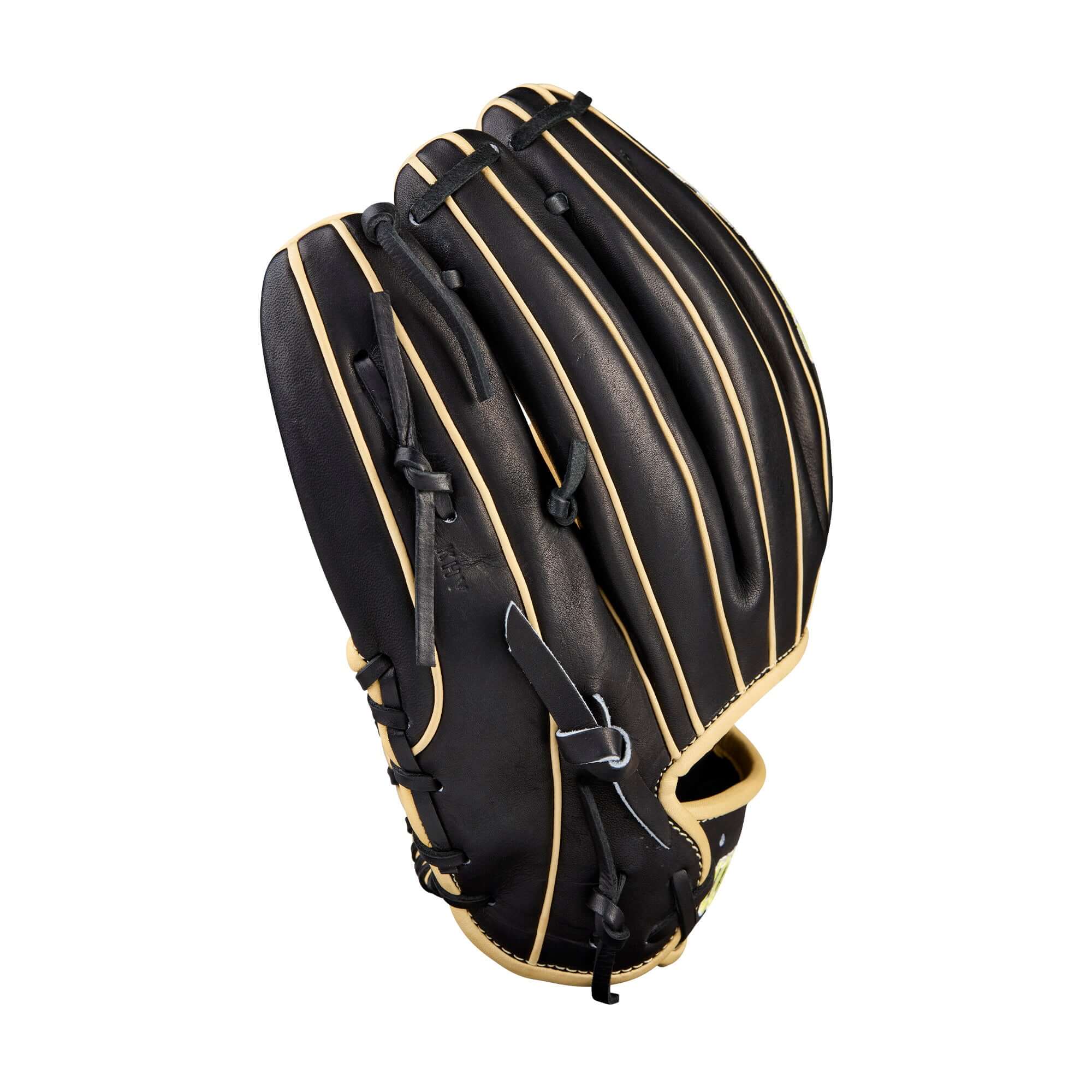 Finger close-up of Wilson 2026 A2000 Classic 1786 11.5" Infield Baseball Glove Black/Blonde highlighting rolled welting.