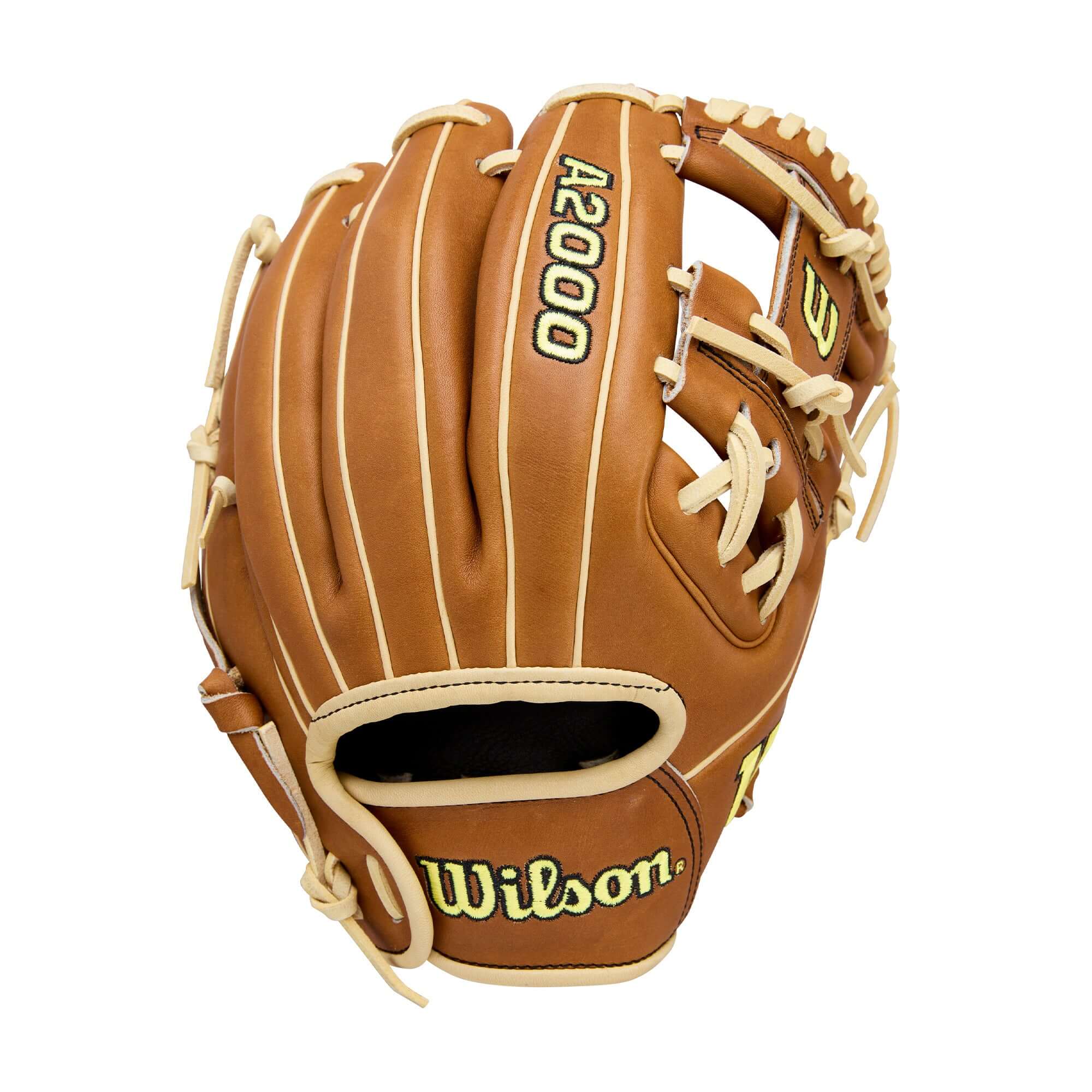 Backhand view of Wilson 2026 A2000 Classics Series DP15 11.5” Infield Glove in Saddle Tan with Blonde lacing and patch accents.