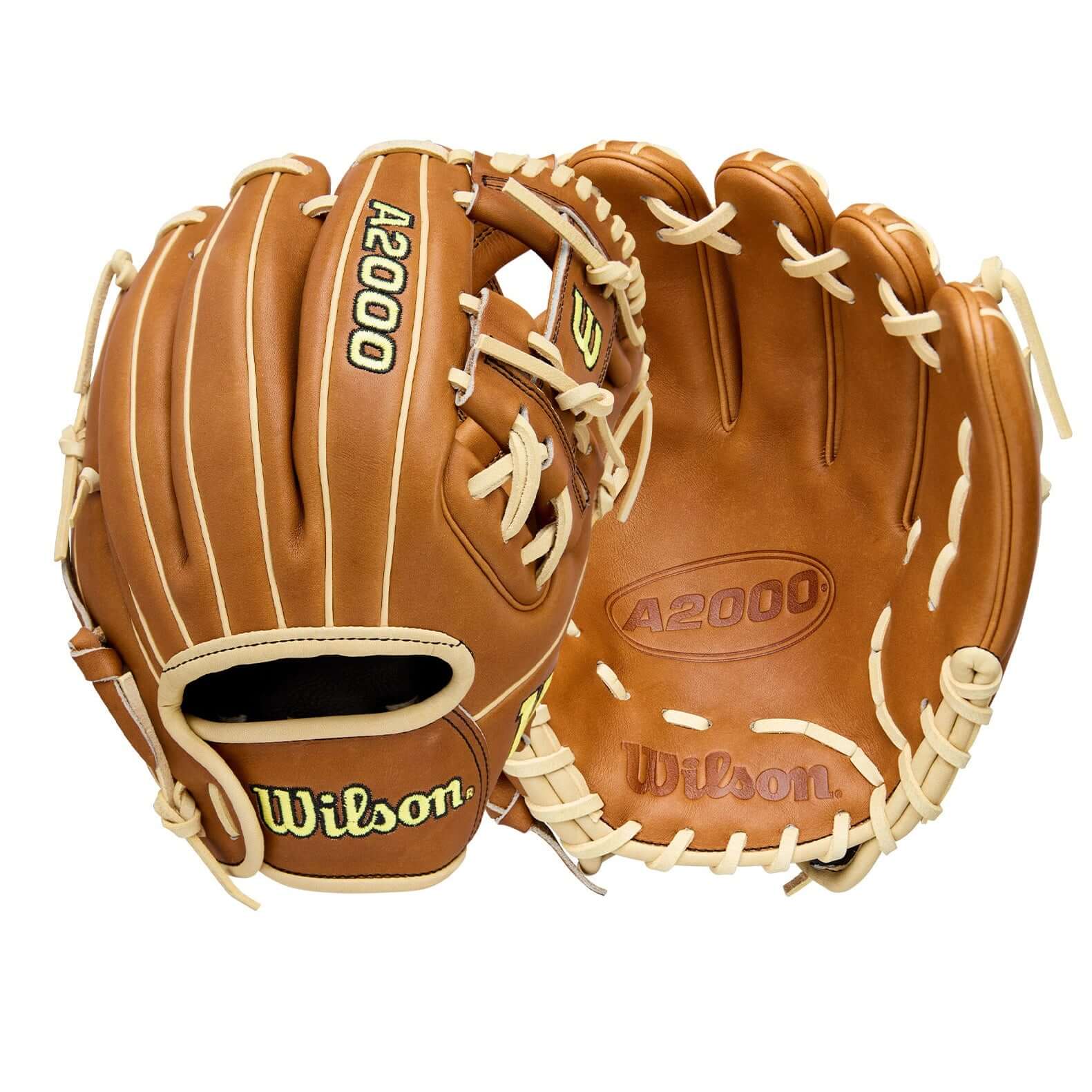 Wilson 2026 A2000 Classics Series DP15 11.5” Infield Glove palm and backhand view showcasing tan leather and white lacing.