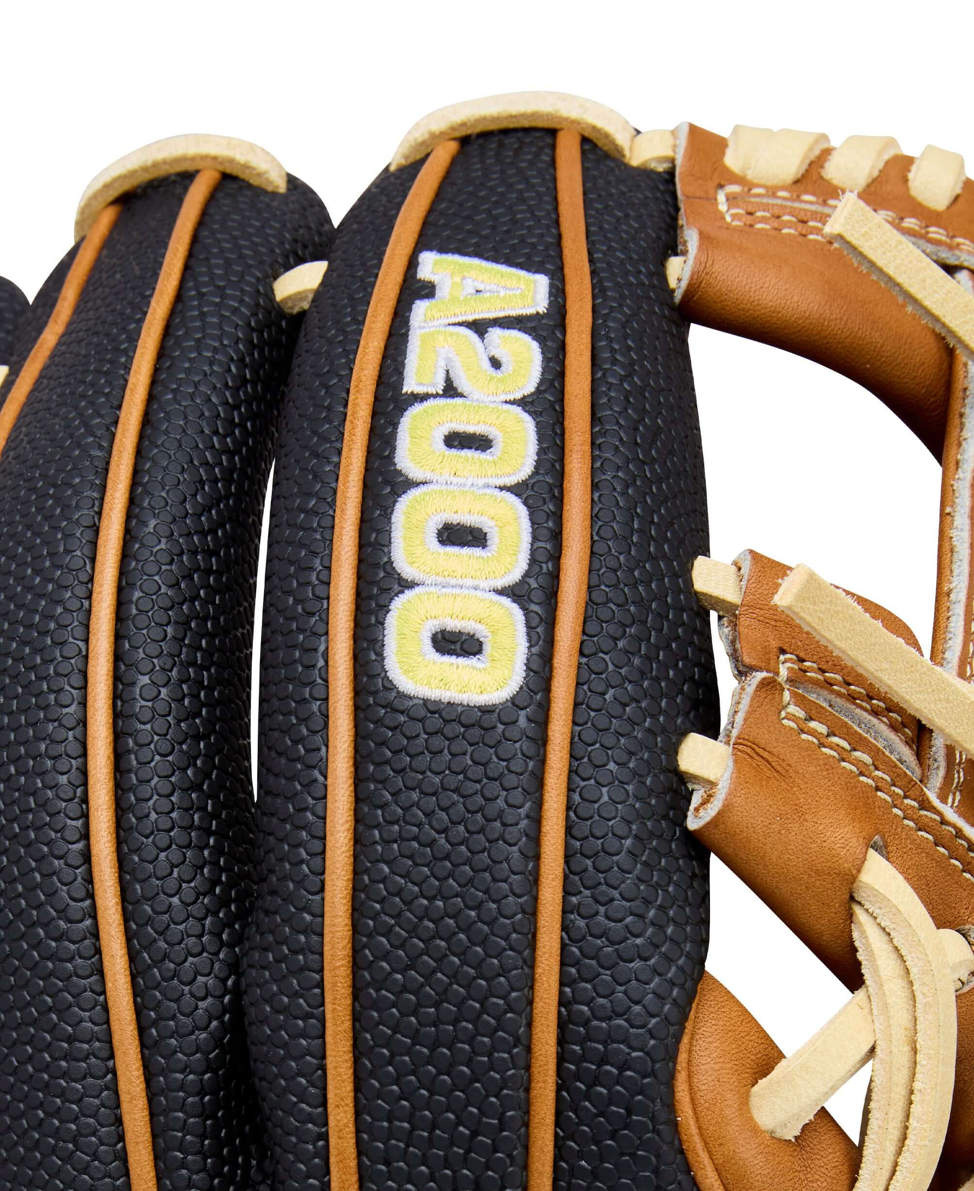 A2000 branding on Wilson 2026 A2000 Classic 1975SS 11.75" Infield Baseball Glove Black/Saddle wrist strap.