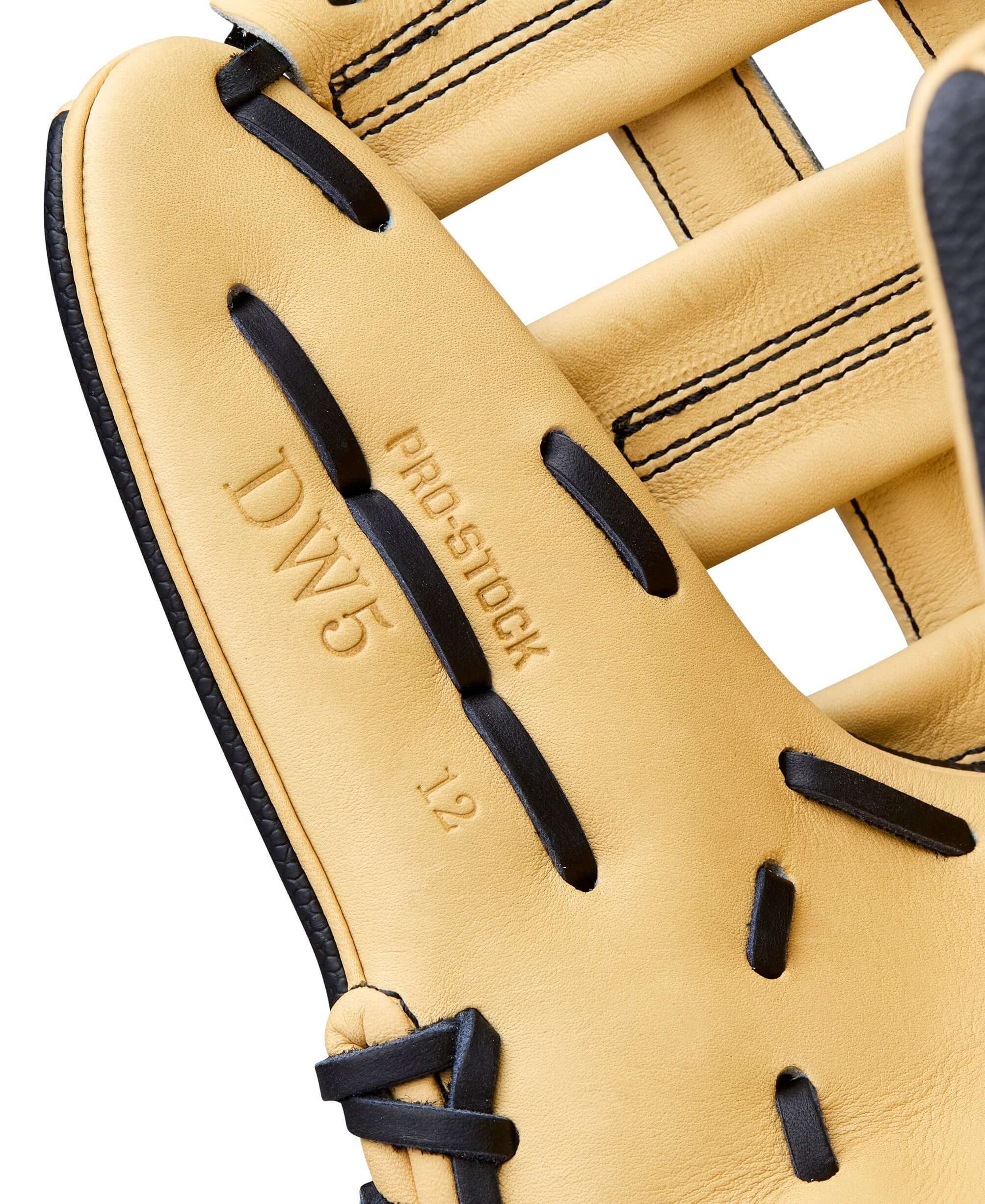 Close-up of the Wilson 2026 A2000 Classic DW5 12" Infield Baseball Glove showing Pro Stock leather and design.