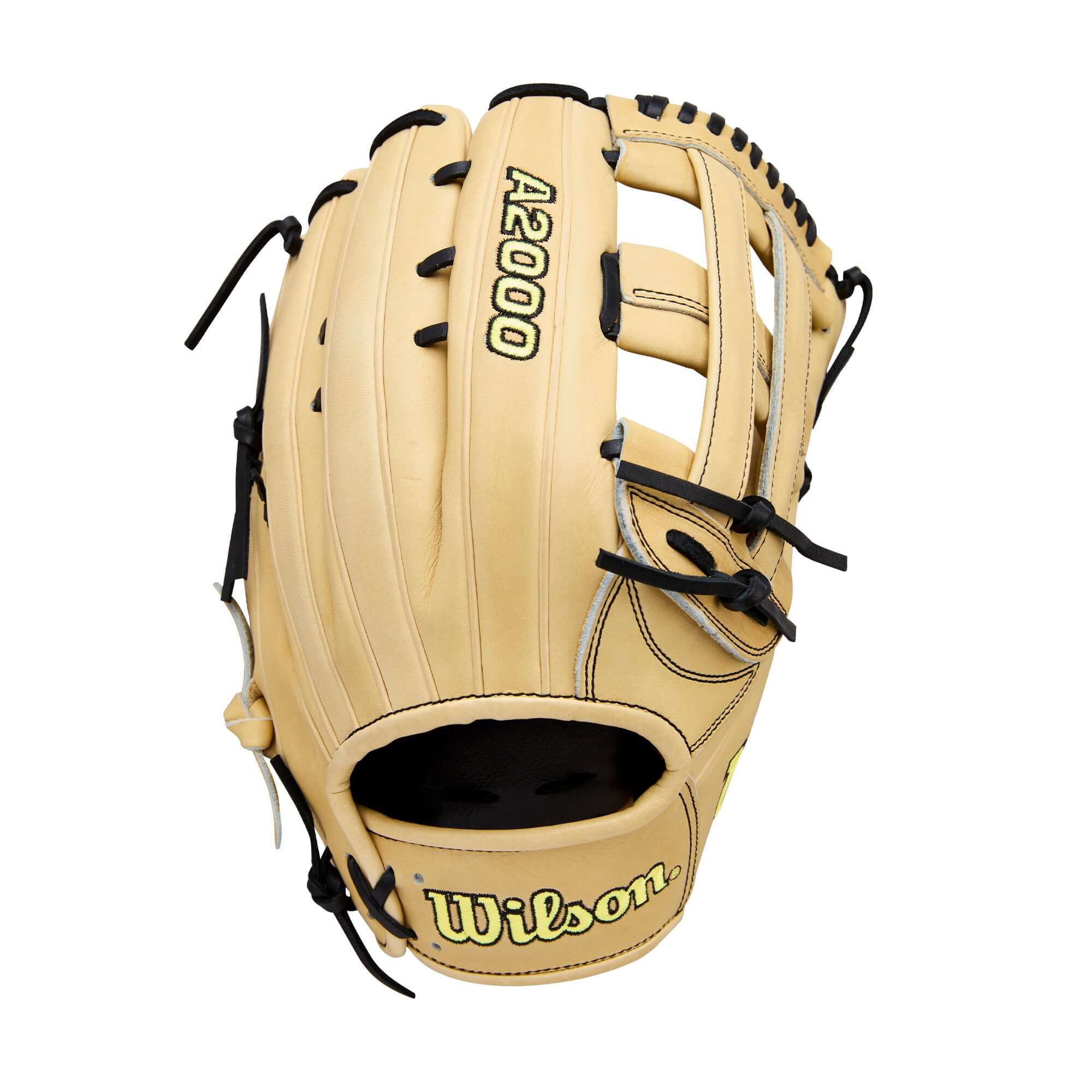 Backhand view of 2026 Wilson A2000 Classic Series 1777 12.75" Outfield Glove LHT in blonde with H-web and black lacing.