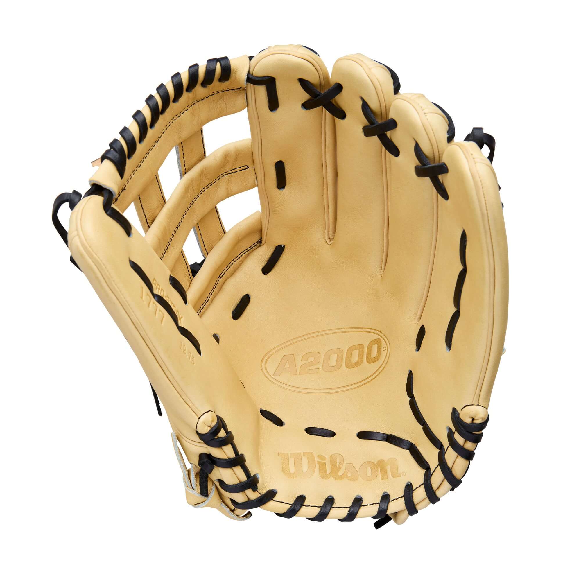 Palm view of 2026 Wilson A2000 Classic Series 1777 12.75" Outfield Glove LHT showing Blonde Pro Stock® leather and black lacing.