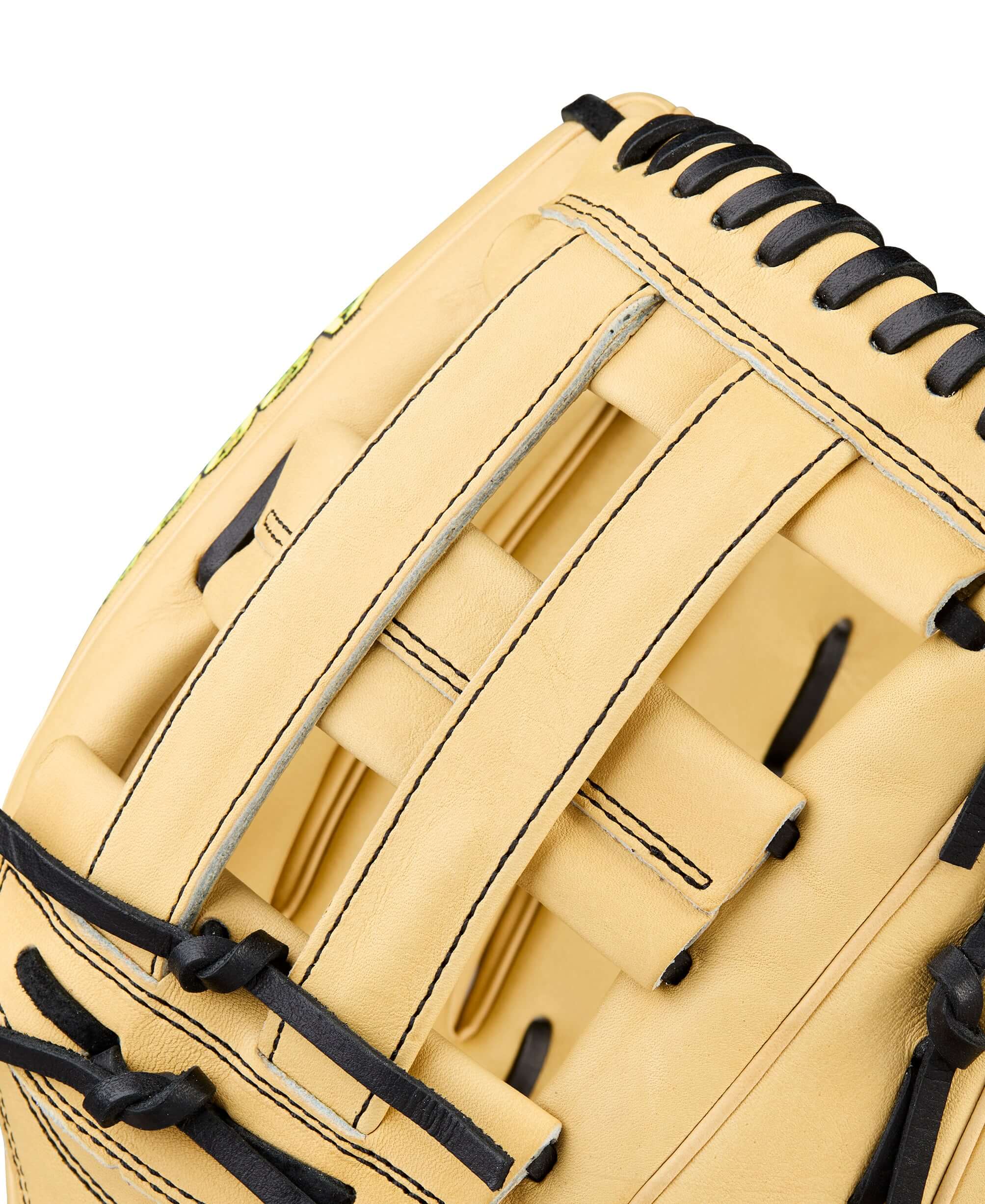 Close-up of 2026 Wilson A2000 Classic Series 1777 12.75" Outfield Glove LHT with blonde leather H-web and black lacing.