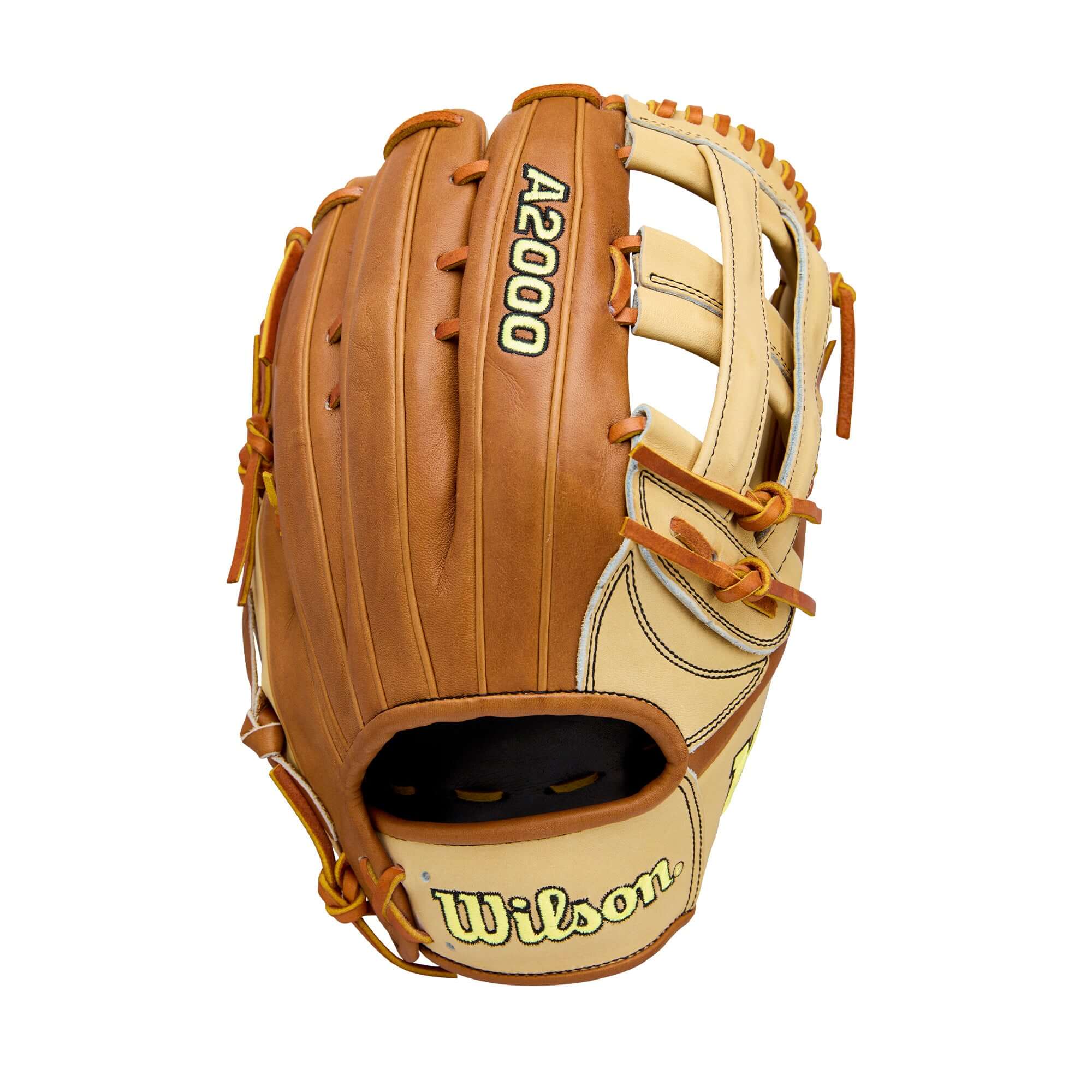 Backhand view of 2026 Wilson A2000 Classic Series 1777 12.75" Blonde/Saddle Tan with H-web and dual lacing.