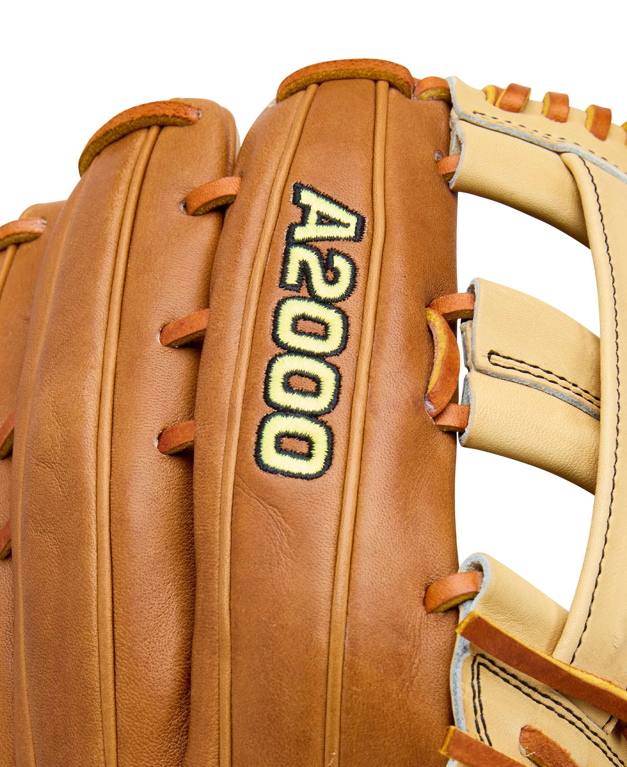 Close-up of 2026 Wilson A2000 Classic Series 1777 12.75" Blonde/Saddle Tan LHT, showcasing detailed stitching and leather texture.