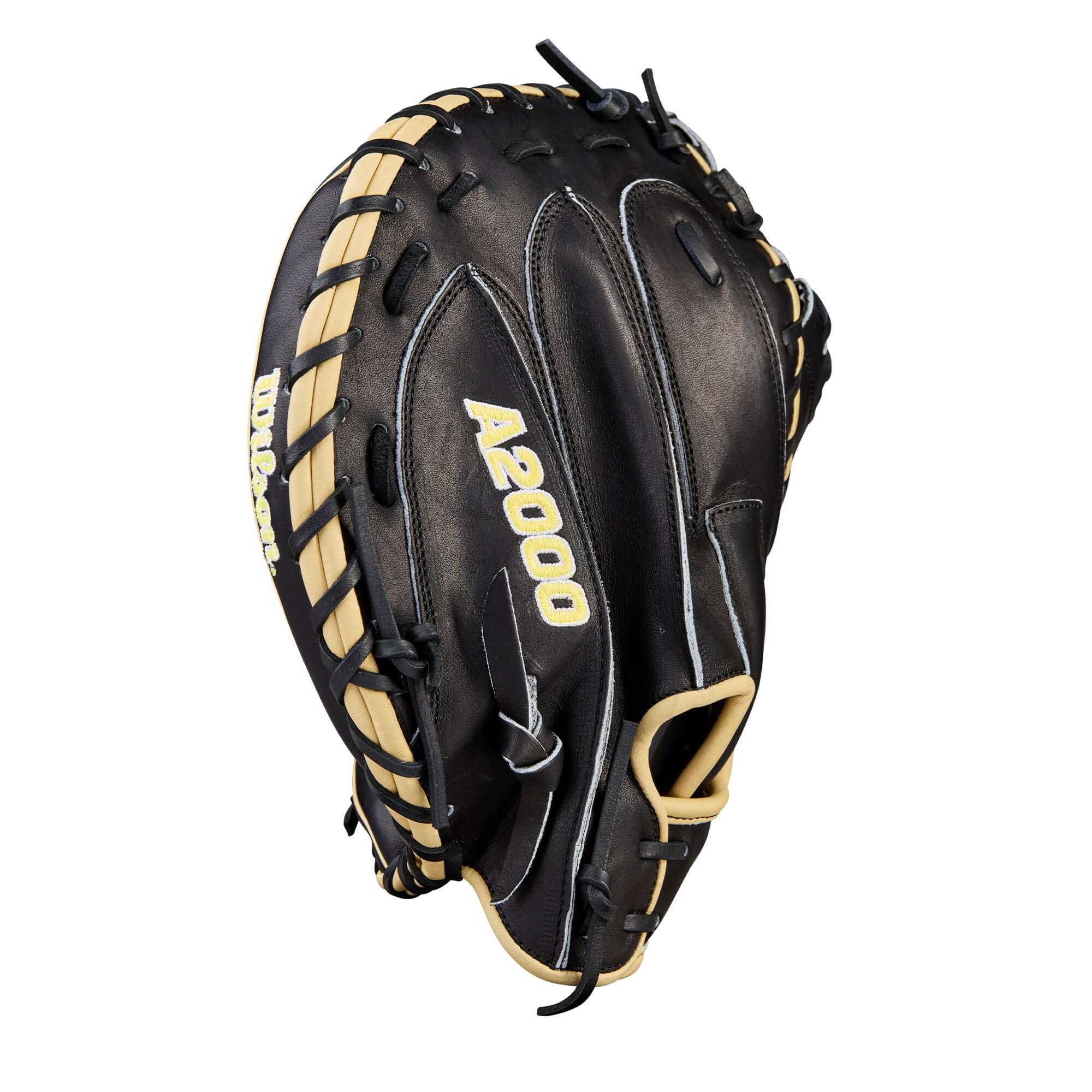 Finger section of 2026 A2000 Classics Series 1734 34” Catcher’s Mitt with extended finger guards for added protection.