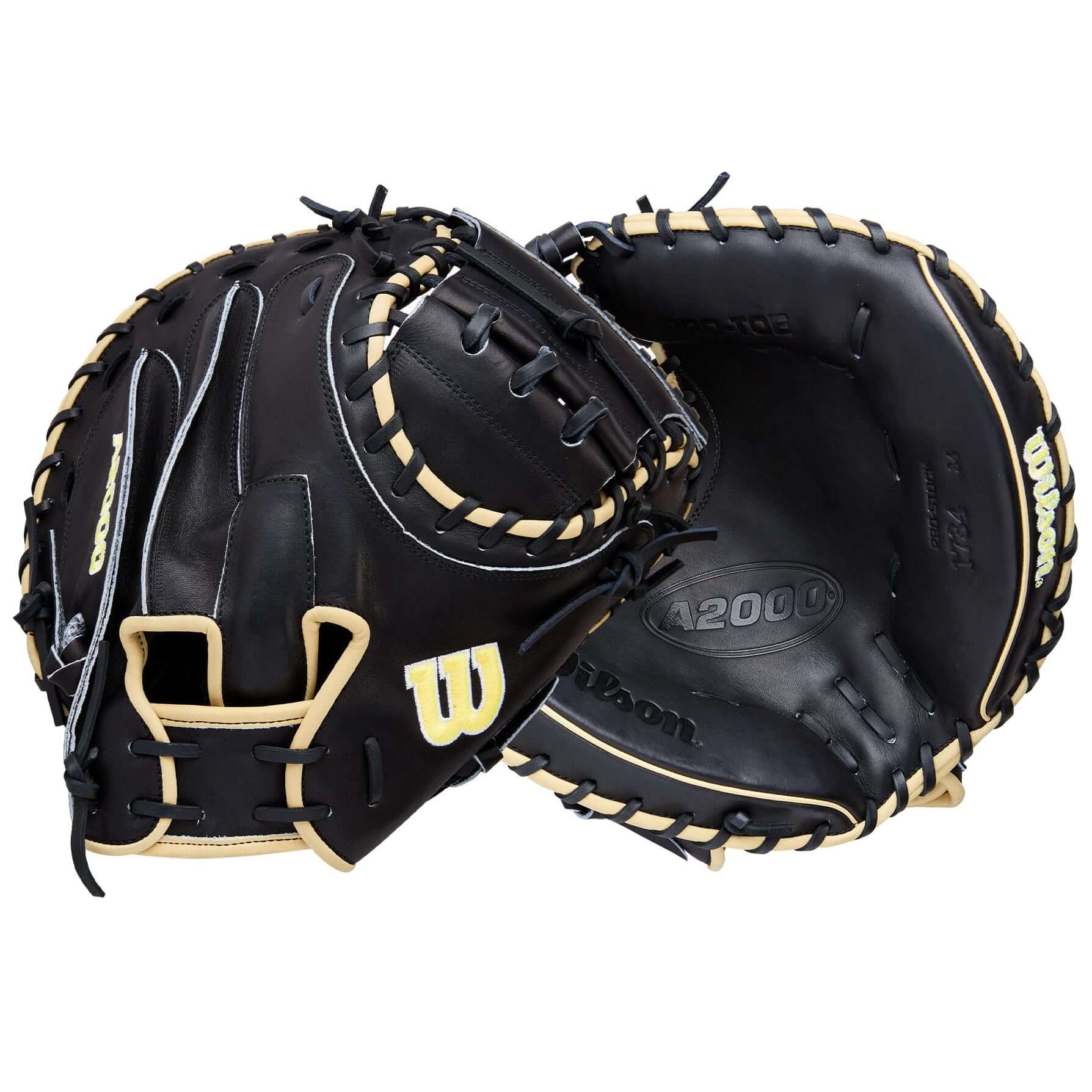 2026 A2000 Classics Series 1734 34” Catcher’s Mitt front and back featuring Black Pro Stock® Leather and Blonde trim.