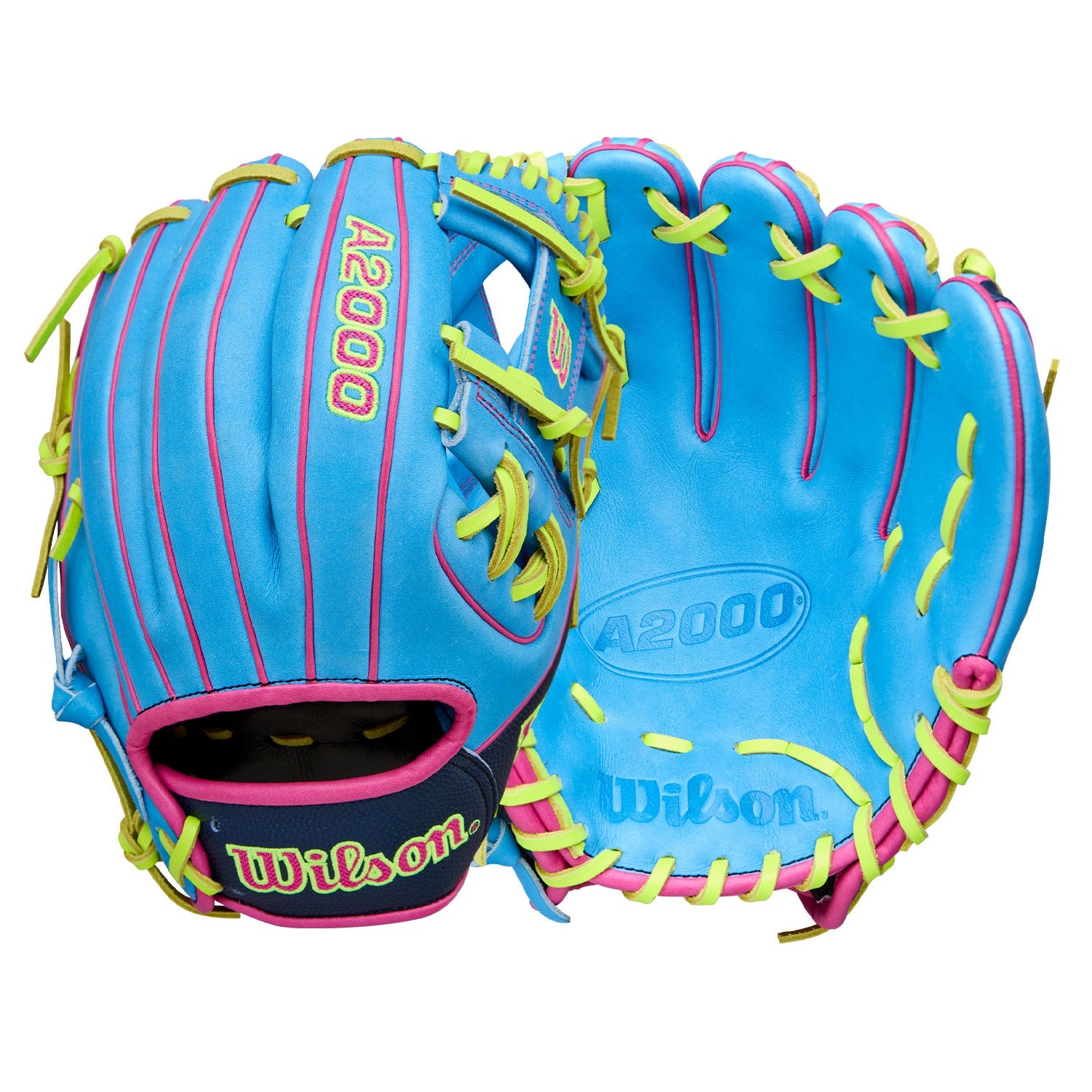 Wilson Spring 2026 A2000 1786 11.5” Infield Baseball Glove for elite fielders featuring vibrant blue and neon design.