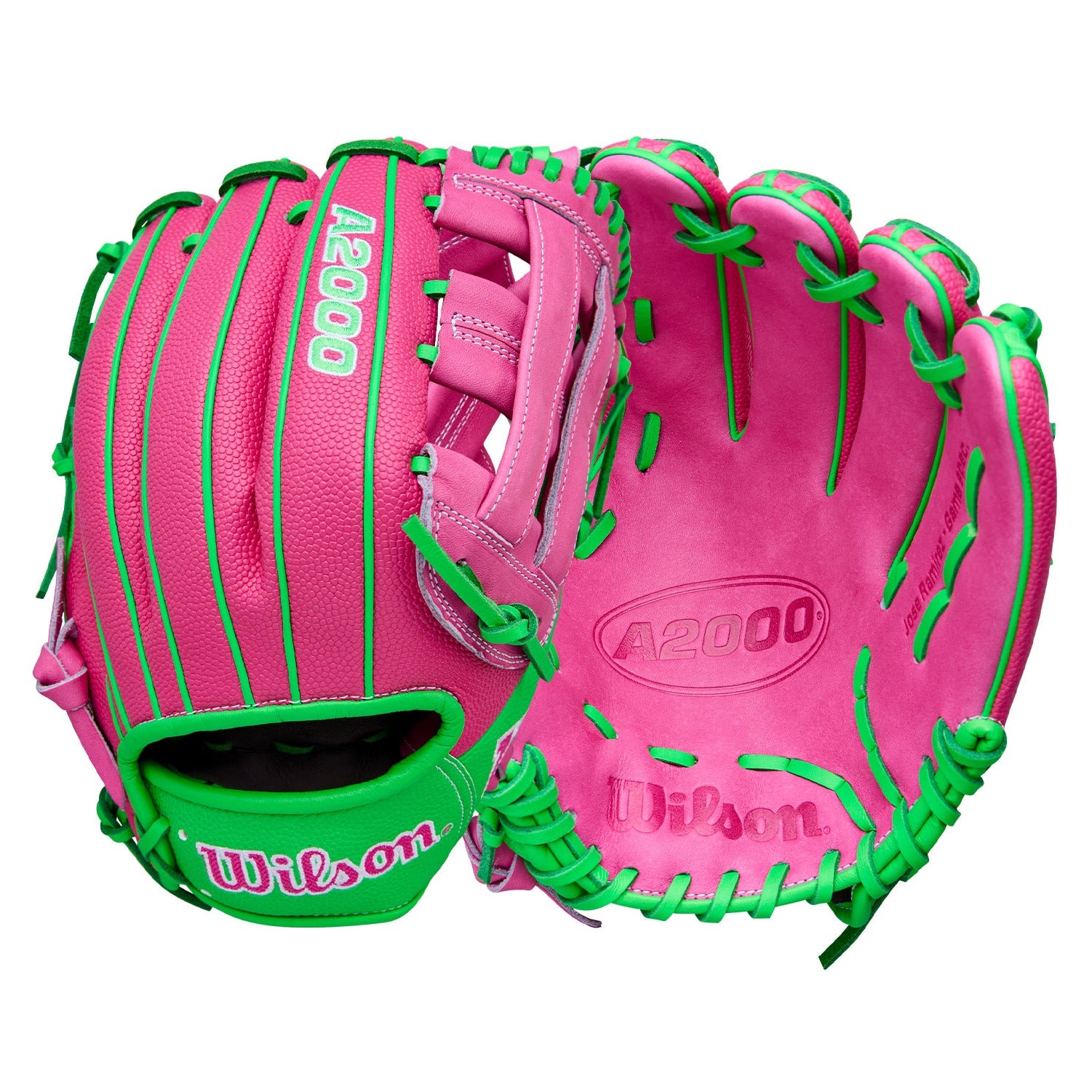Wilson Spring 2026 José Ramírez A2000 JR11 GM 12” Infield Baseball Glove in pink and green, front and back view.