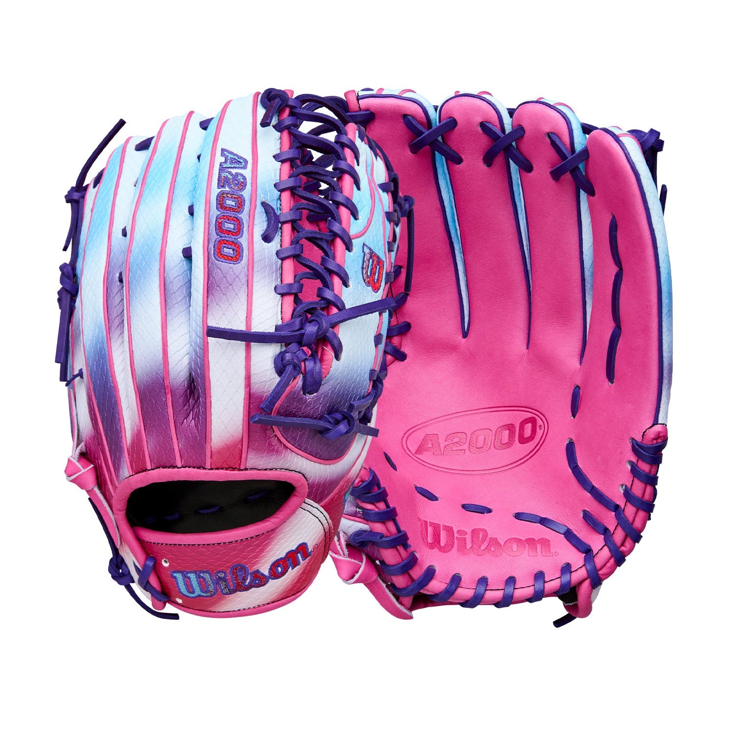 Wilson Spring 2026 A2000 OT7SS 12.75” Outfield Baseball Glove in pink and purple color, designed for outfielders.