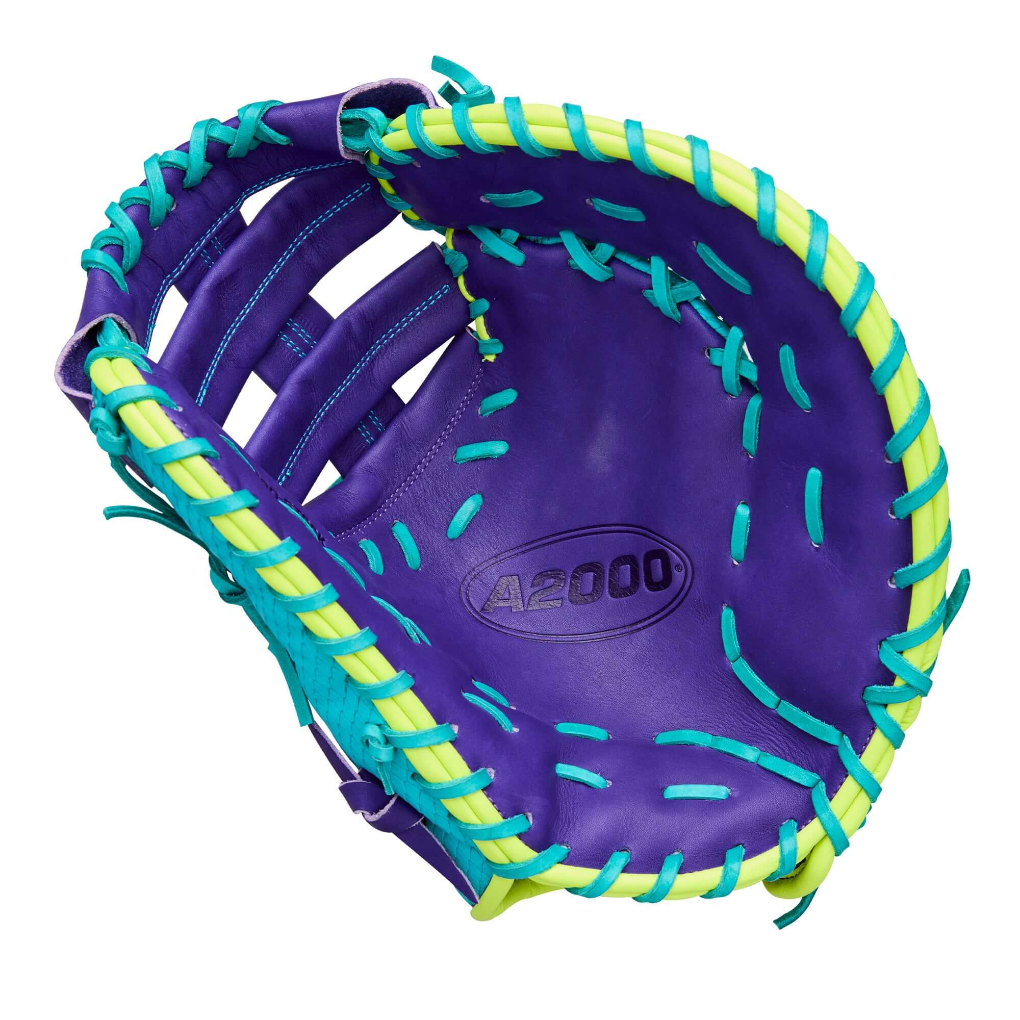 Wilson Spring 2026 A2000 1612SS 12” Baseball First Base Mitt palm view, purple with teal and yellow lacing, A2000 logo visible.