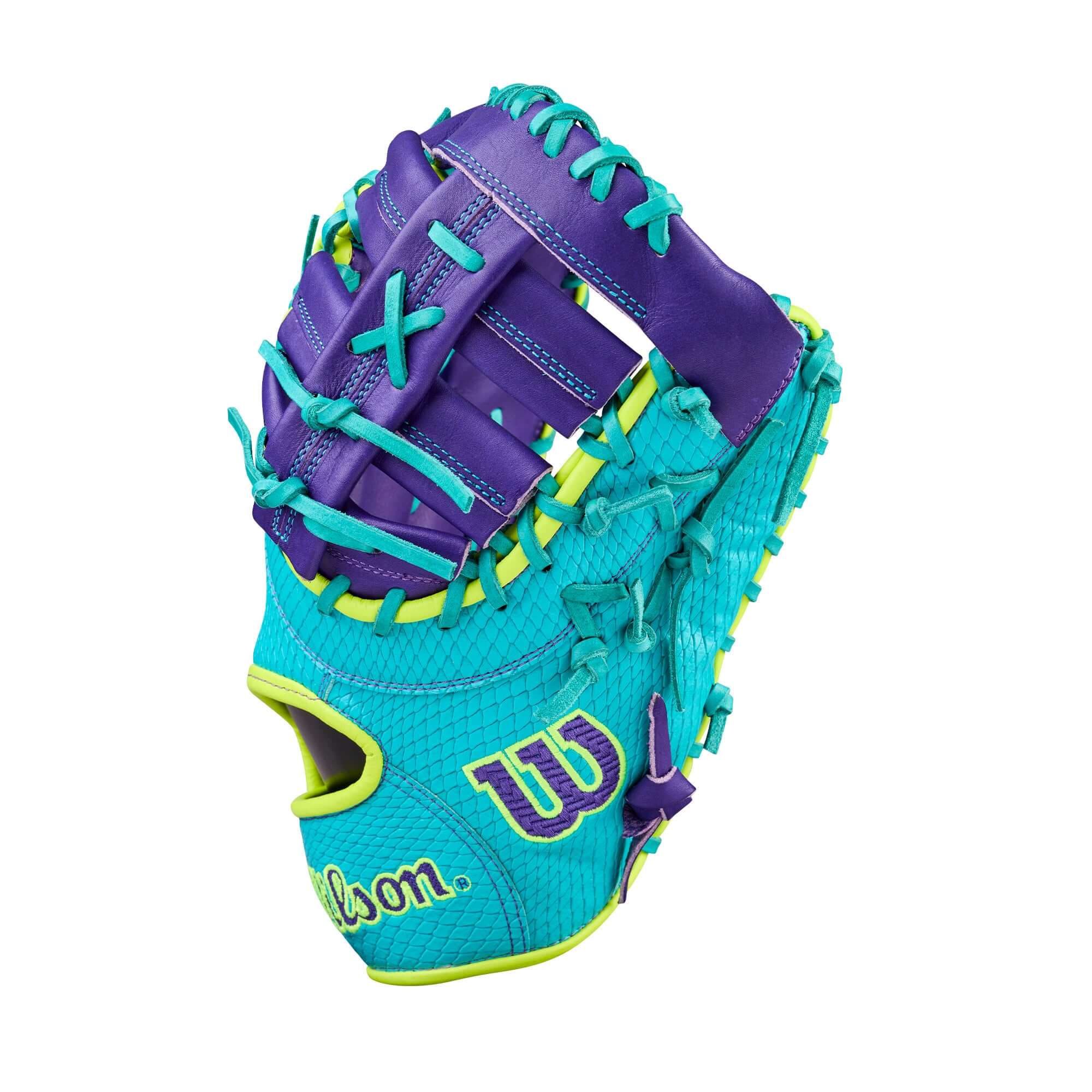 Wilson Spring 2026 A2000 1612SS 12” Baseball First Base Mitt Hero, purple and teal, backhand view
