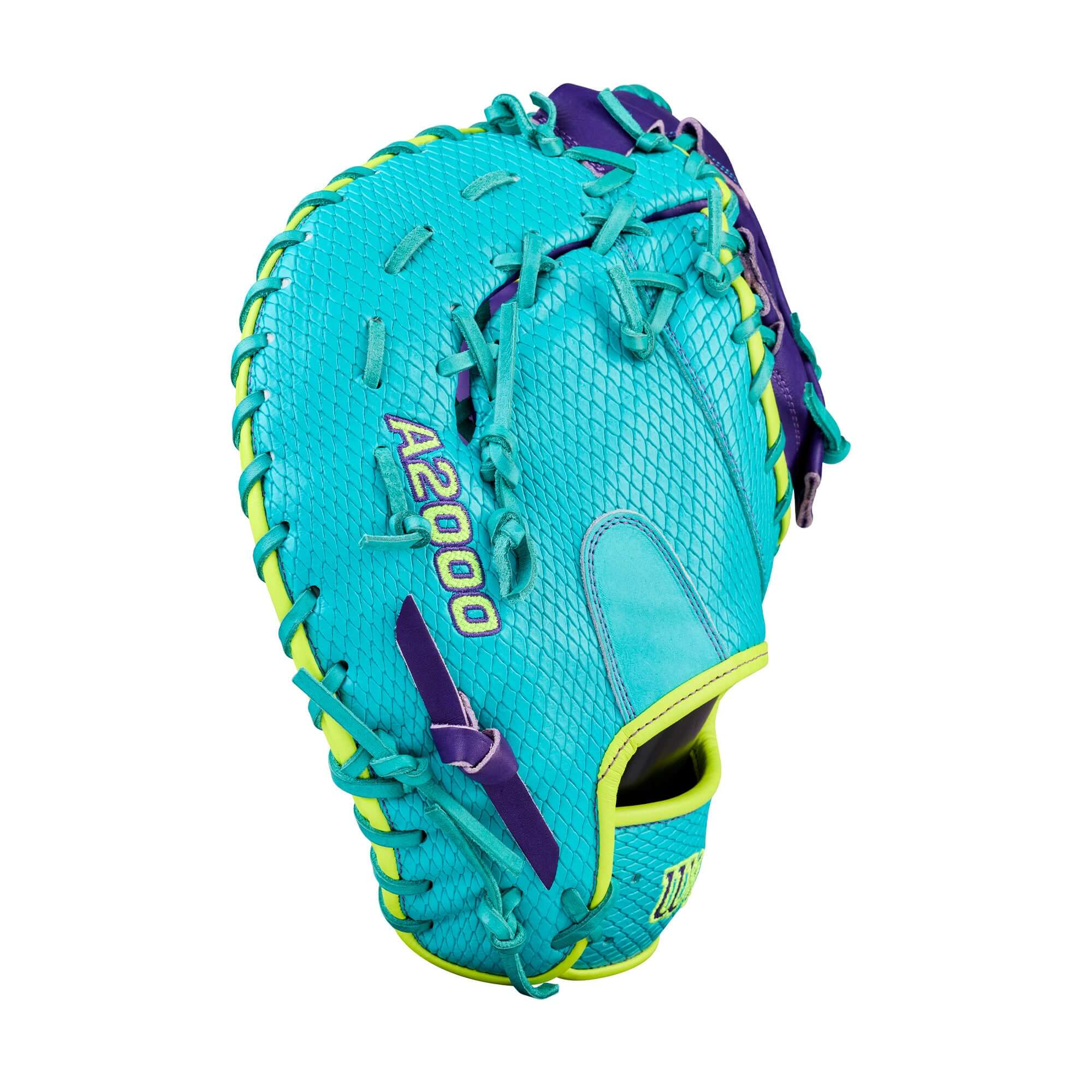 Wilson Spring 2026 A2000 1612SS 12” Baseball First Base Mitt backhand view, turquoise with purple lacing