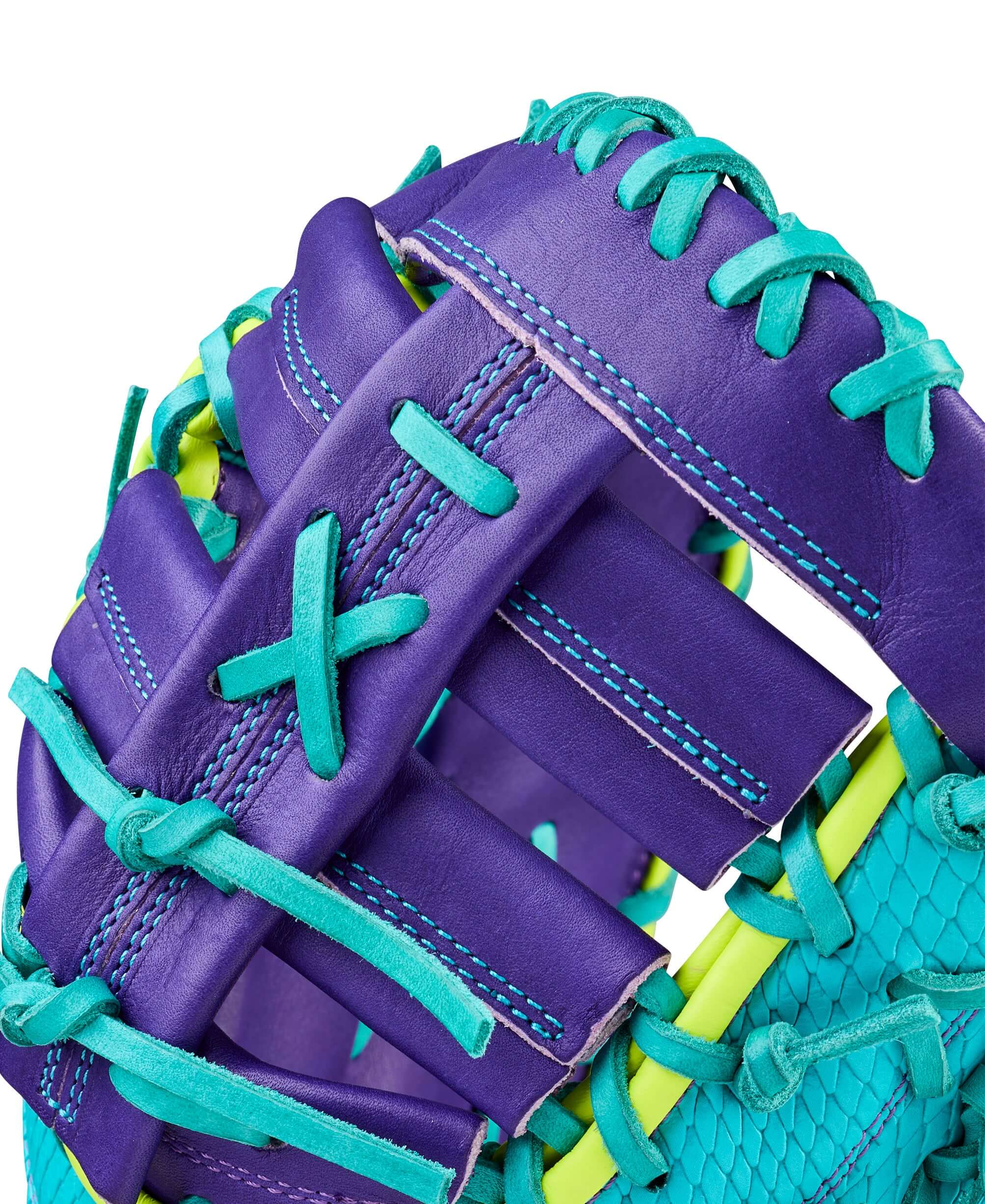 Web detail of Wilson Spring 2026 A2000 1612SS 12” Baseball First Base Mitt showing purple leather with teal lacing.