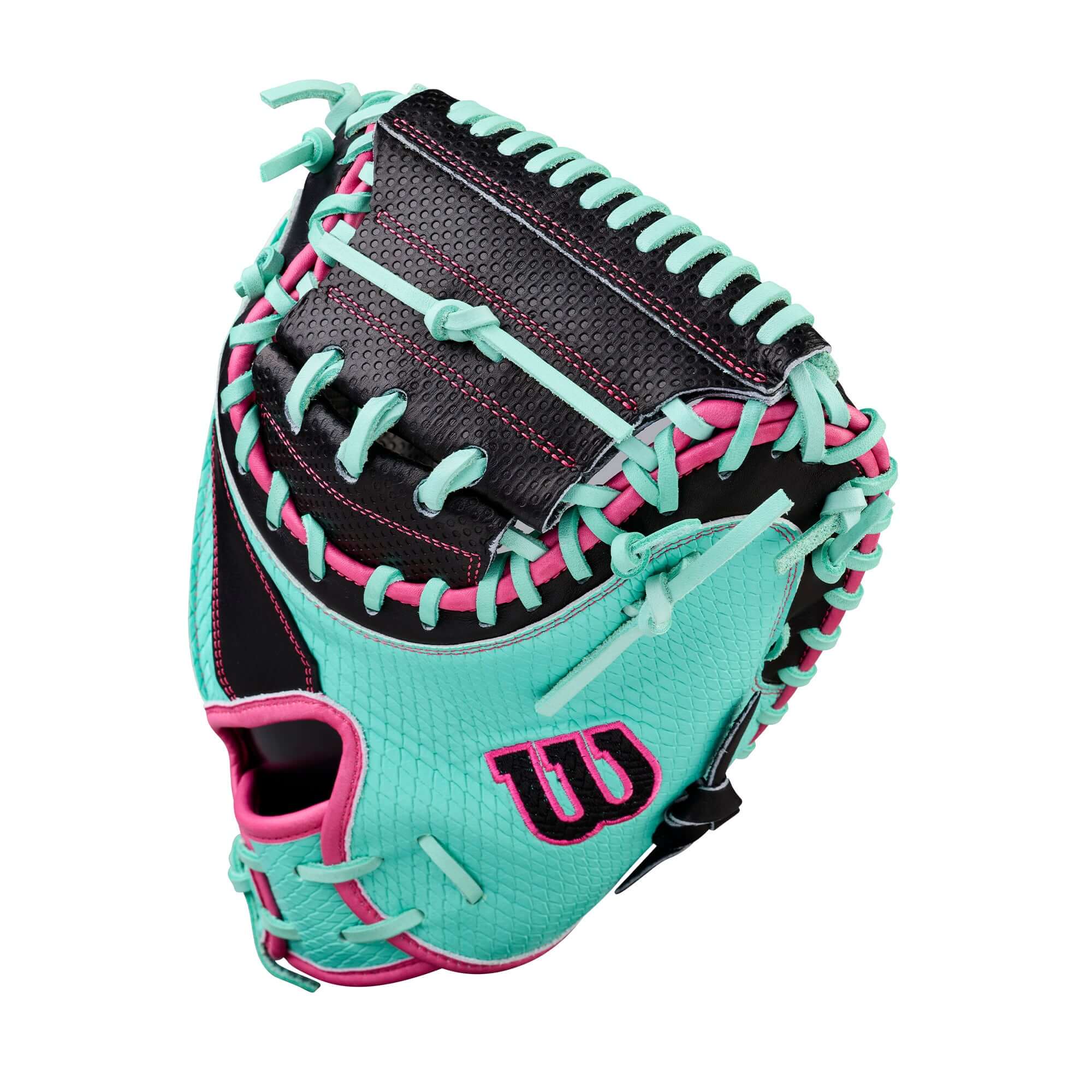 Wilson Spring 2026 A2000 SCM23SS 33.5” Baseball Catcher’s Mitt in teal and black color with pink accents, elite performance design.