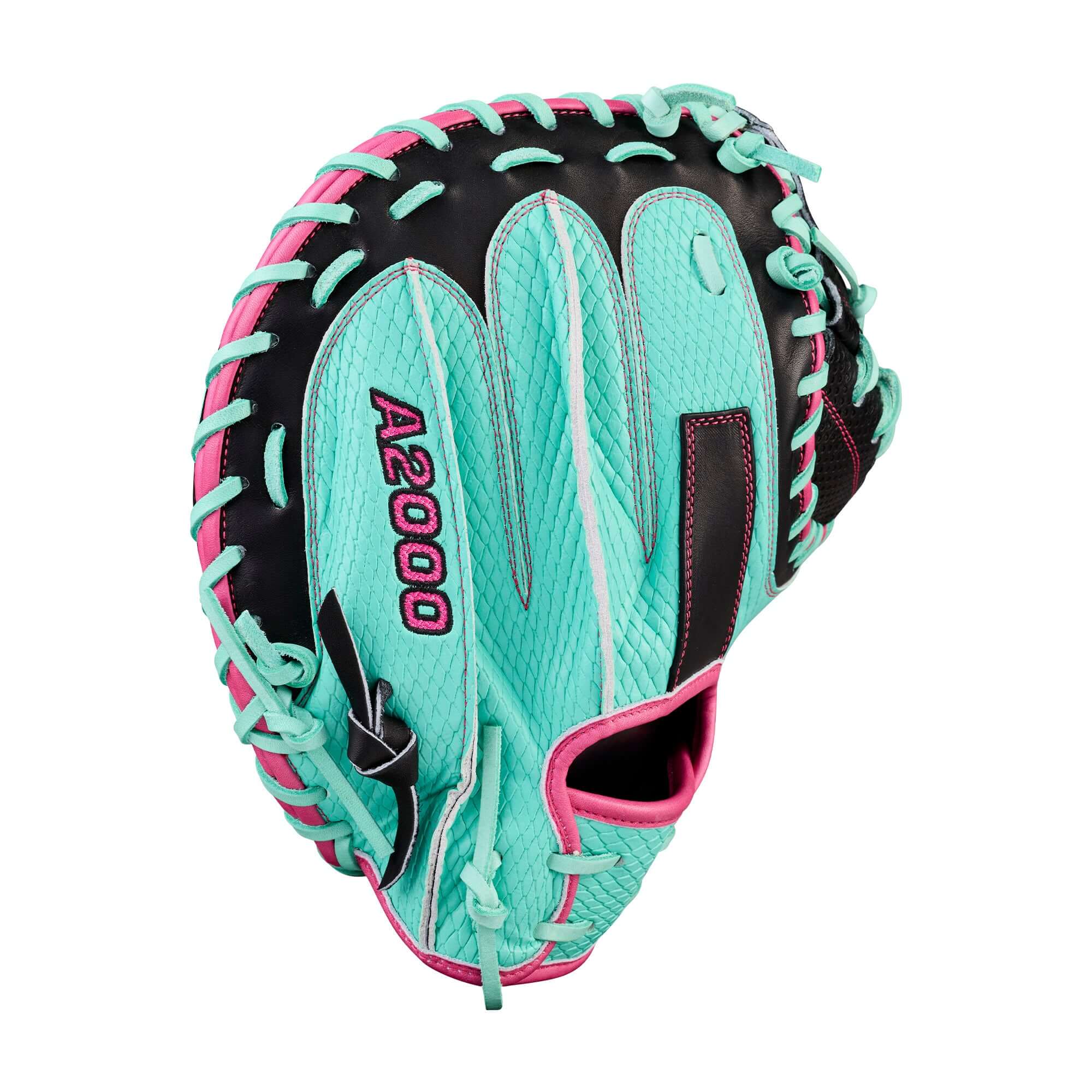 Wilson Spring 2026 A2000 SCM23SS 33.5” Baseball Catcher’s Mitt, teal and pink design, elite performance for catchers.