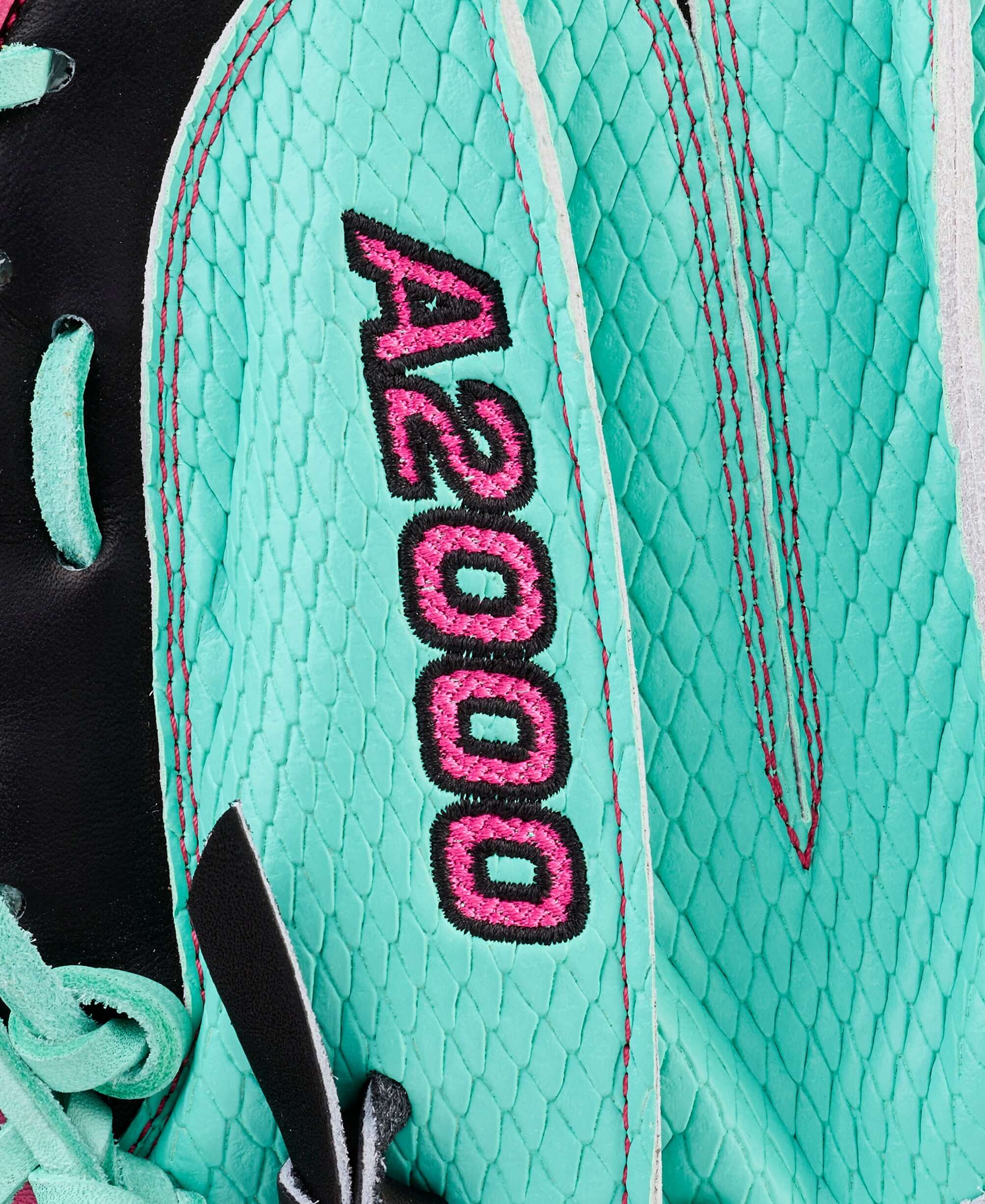 Detail of Wilson Spring 2026 A2000 SCM23SS 33.5” Baseball Catcher’s Mitt with teal stitching and pink A2000 embroidery.