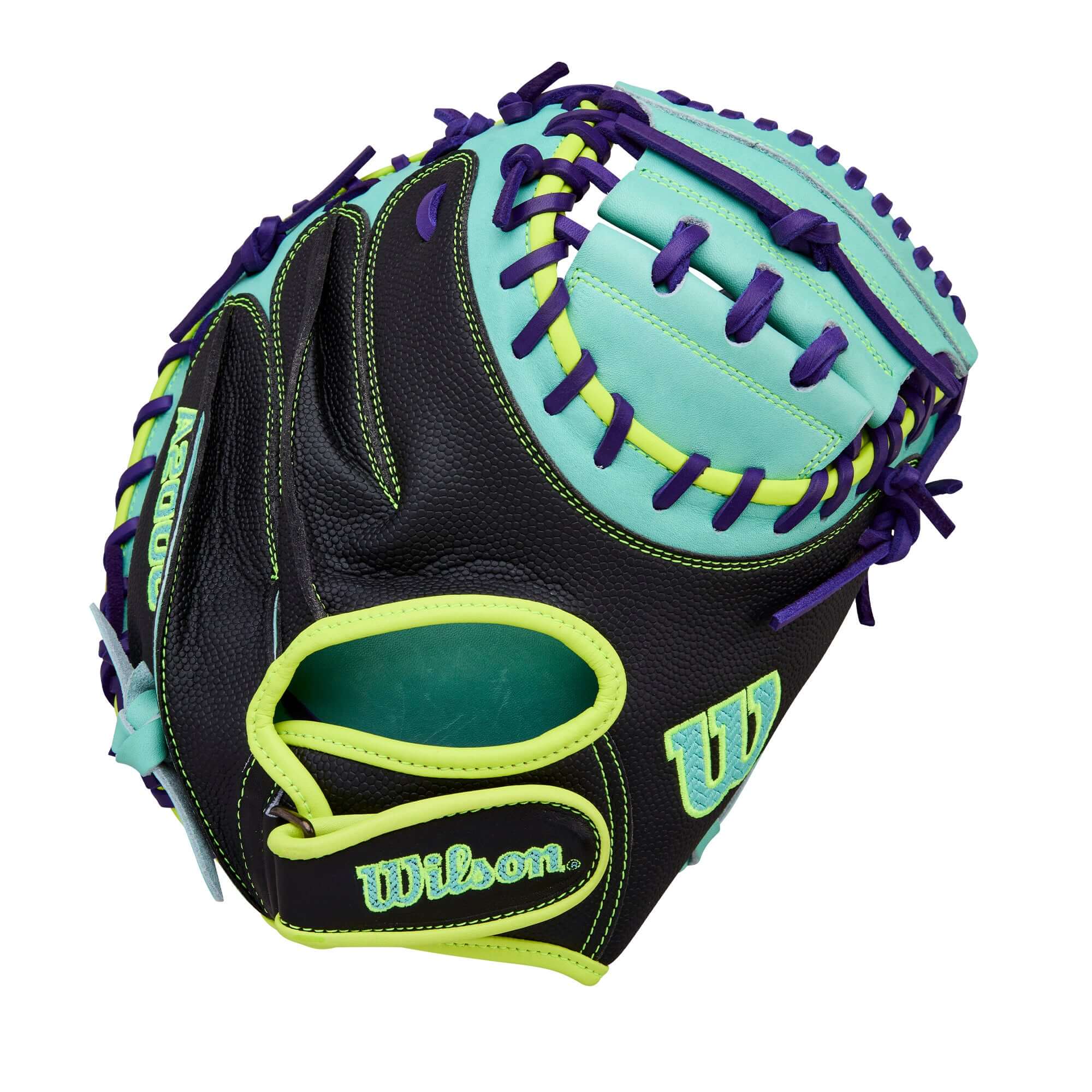 Wilson Spring 2026 A2000 PF33SS 33” Baseball Catcher’s Mitt hero image, black and teal with purple lacing and Wilson logo.