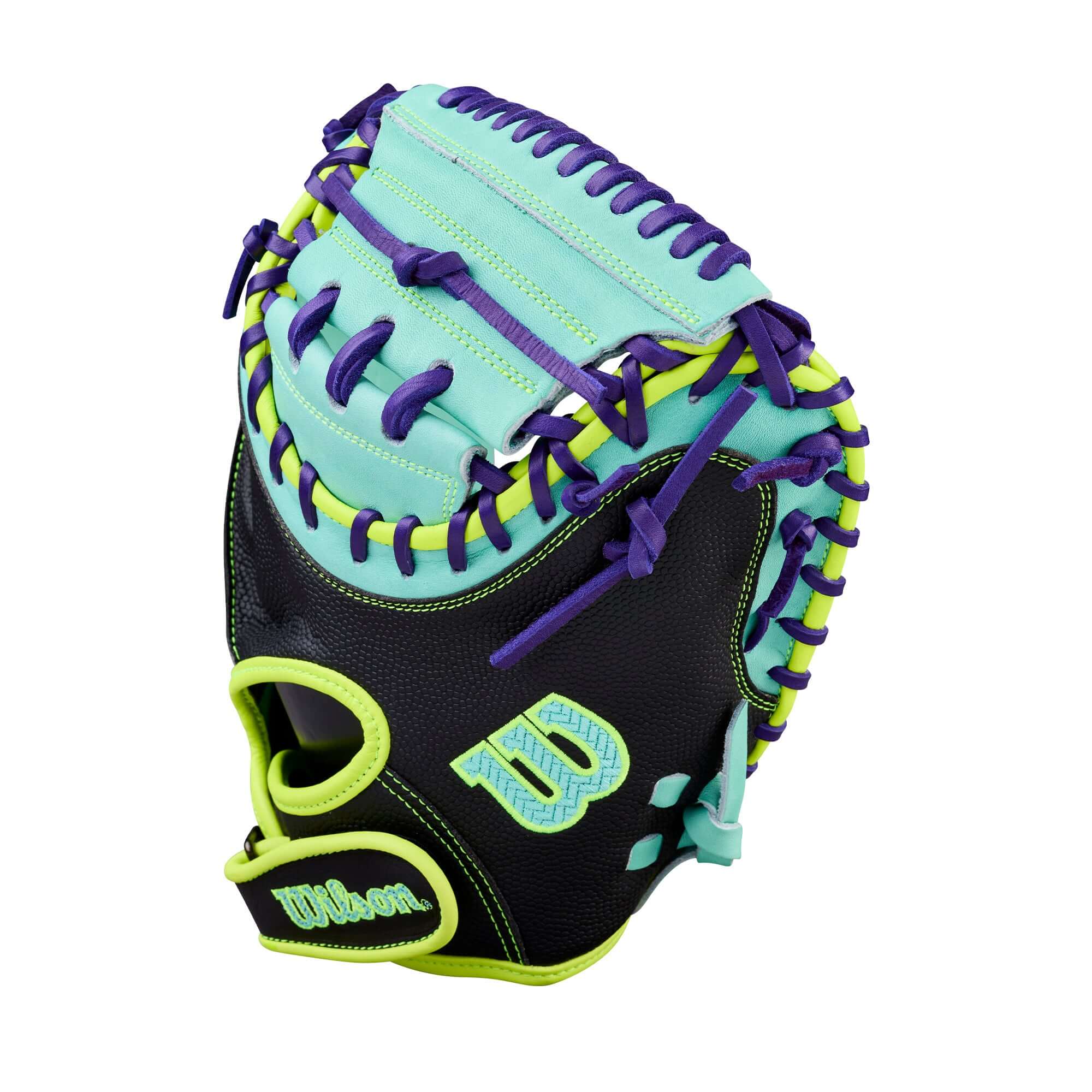 Backhand view of Wilson Spring 2026 A2000 PF33SS 33” Baseball Catcher’s Mitt, black and aqua with purple lacing.