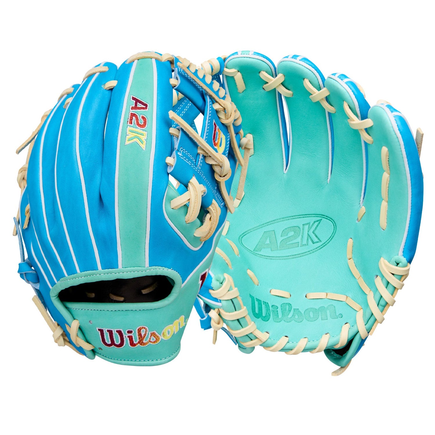 Wilson Spring 2026 A2K 1786 11.5" Infield Baseball Glove for infielders, premium leather, turquoise and tan design.