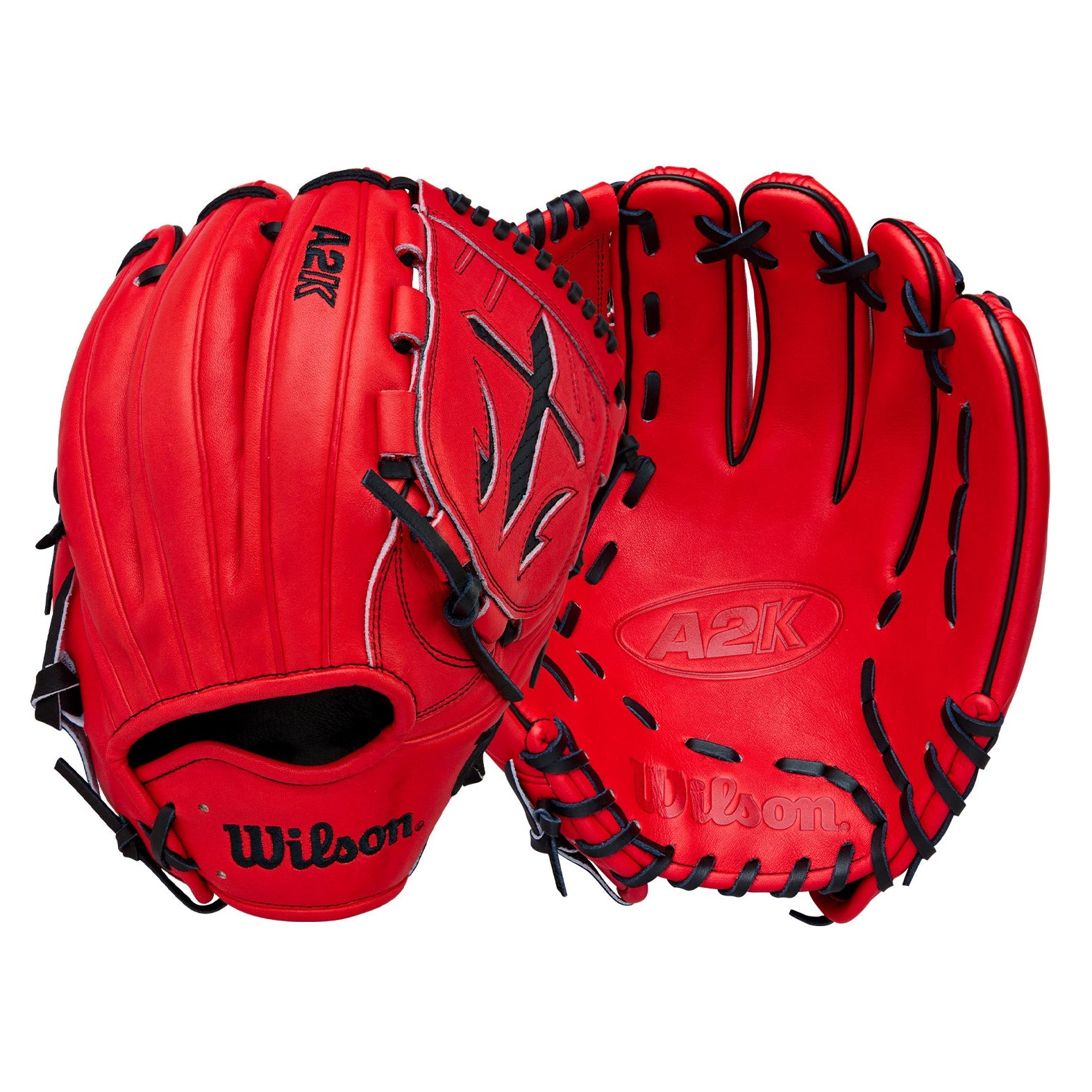 Wilson Spring 2026 A2K B23 12" Pitcher's Baseball Glove LHT in vibrant red color with black accents.