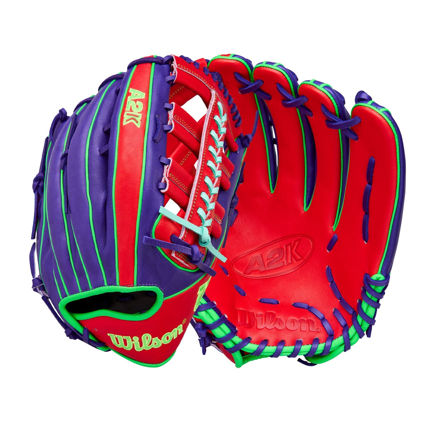 Wilson Spring 2026 A2K 1810 12.75" Outfield Baseball Glove LHT with red, purple, and green design for maximum reach and control.