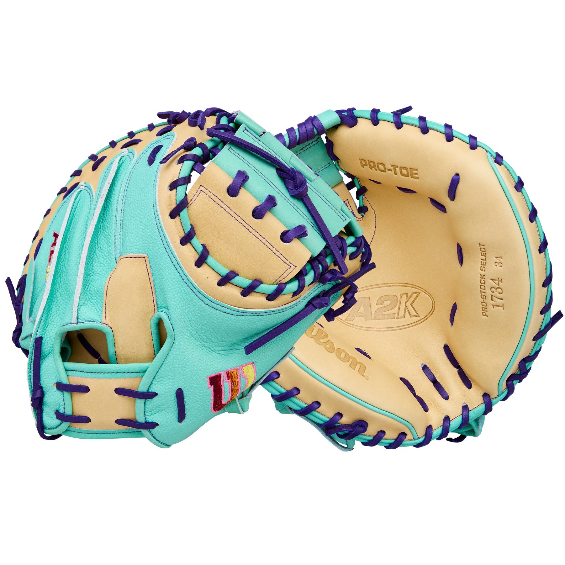 Wilson Spring 2026 A2K 1734SS 34” Baseball Catcher’s Mitt with vibrant teal and cream design.