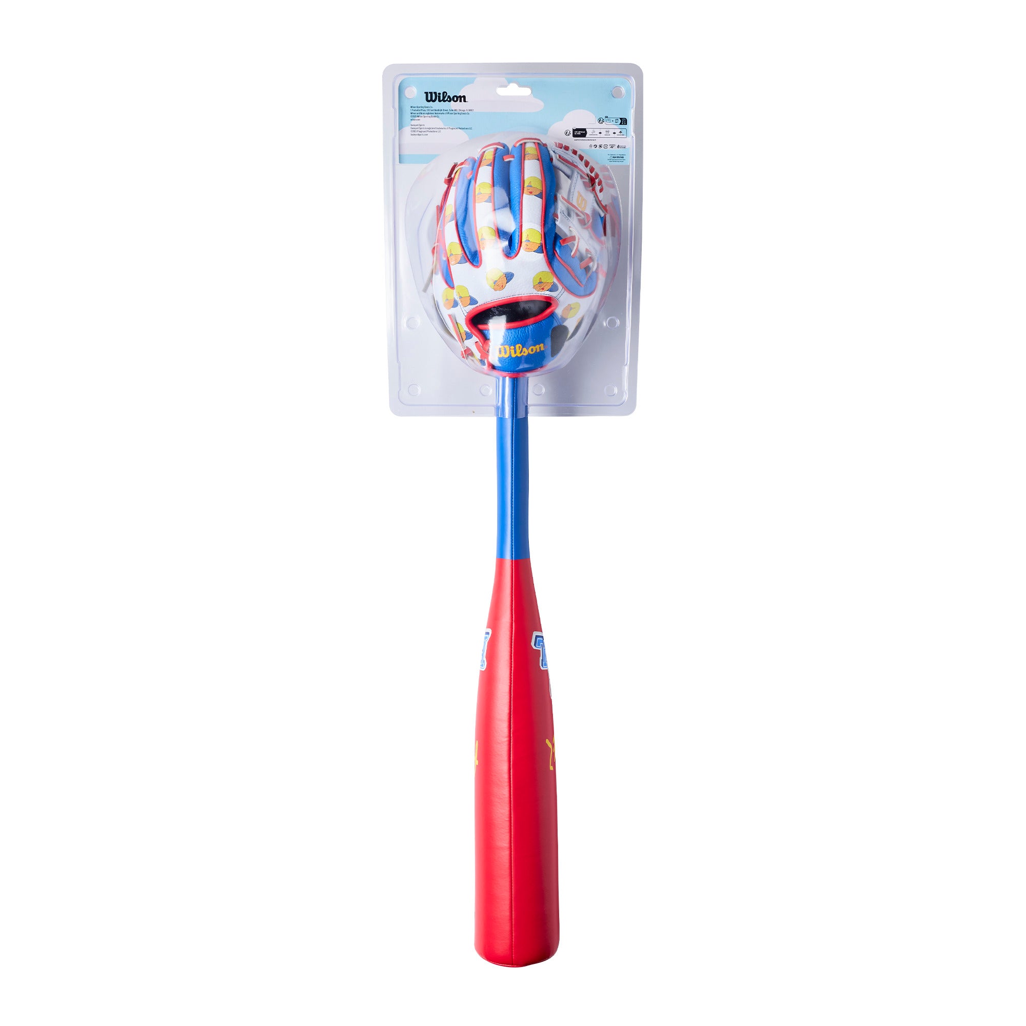 Wilson A200 Glove Bat Ball Combo in royal and yellow designed for young players inspired by Backyard Baseball.
