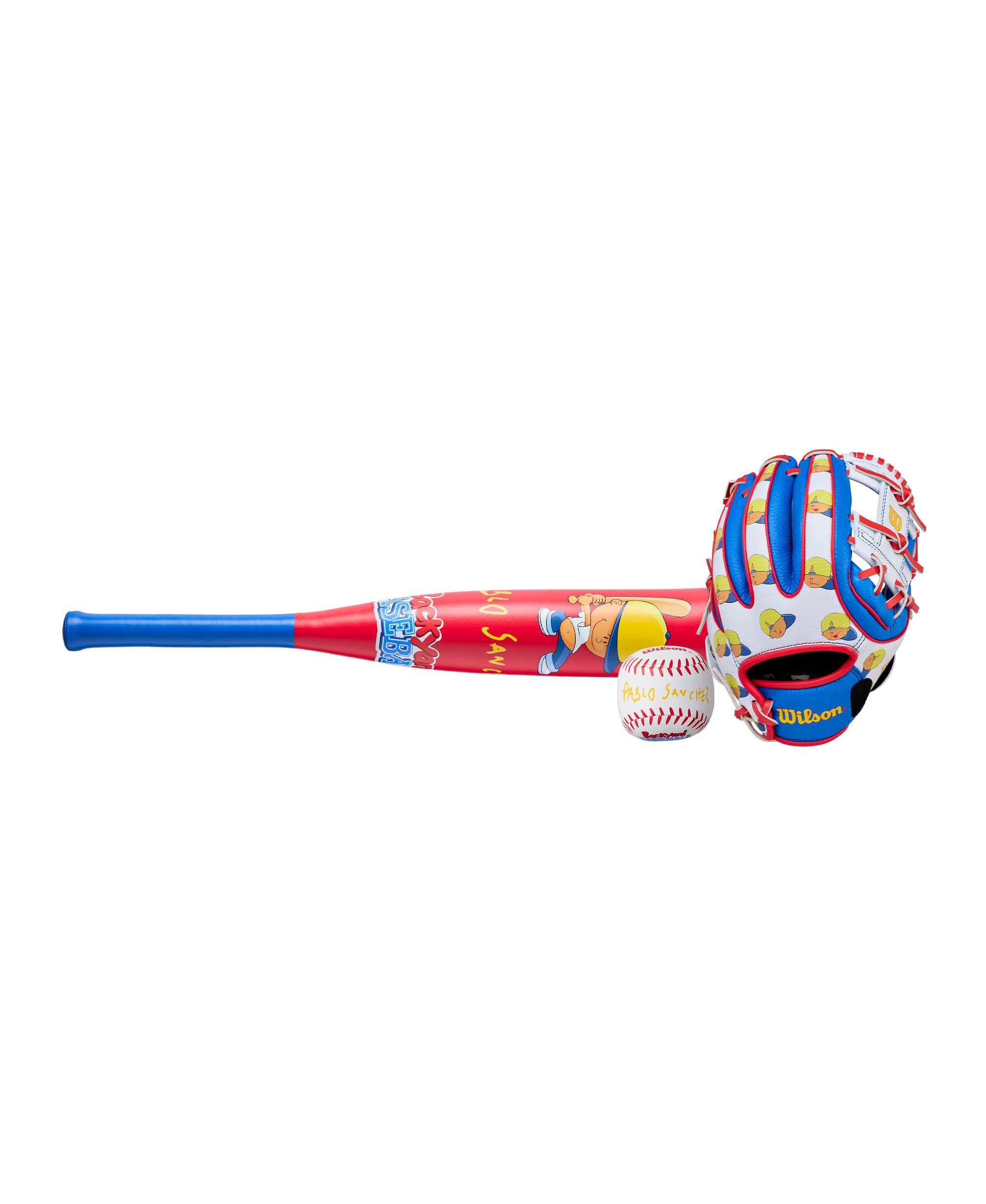 Wilson A200 Glove Bat Ball Combo in royal/yellow with glove, bat, and ball for young players, inspired by Backyard Baseball, LHT
