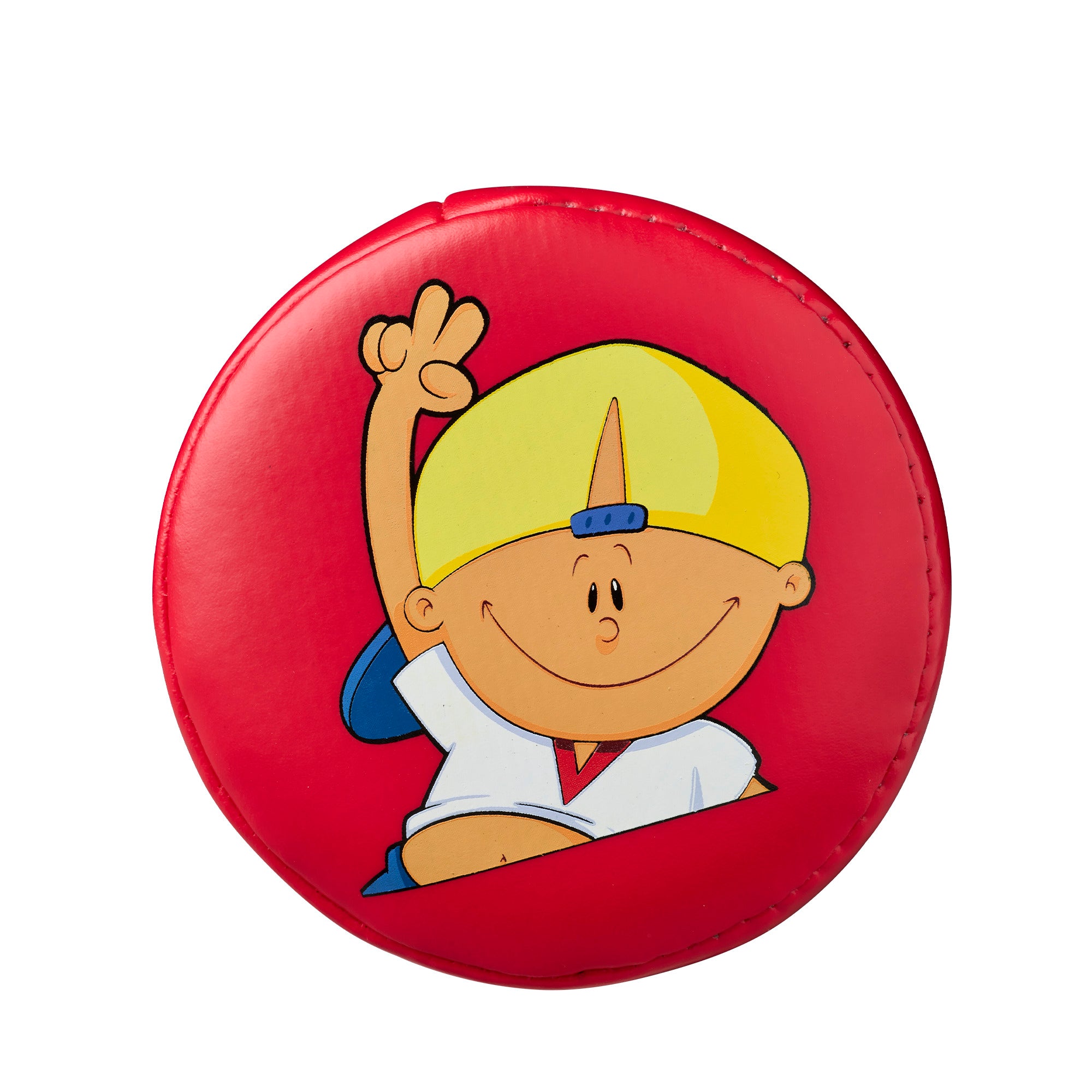 Illustration of Pablo Sanchez on a red baseball cover, part of the Wilson A200 Glove Bat Ball Combo for young players.