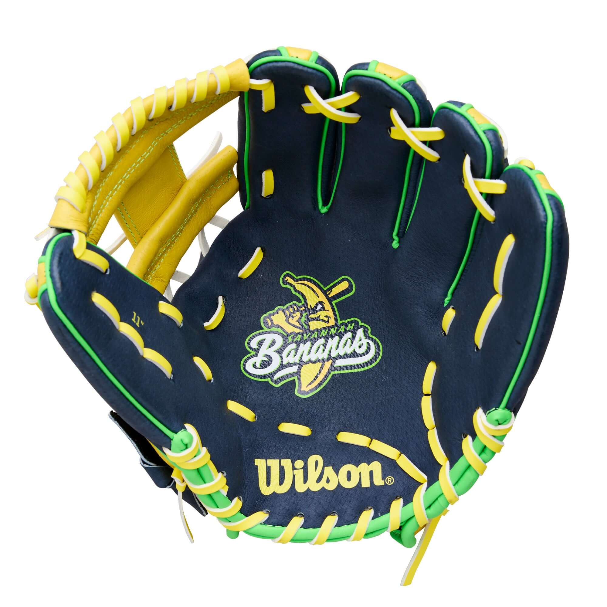 Palm view of Wilson 2026 A450 Savannah Bananas 11" Youth Baseball Glove showing soft top-grain leather.