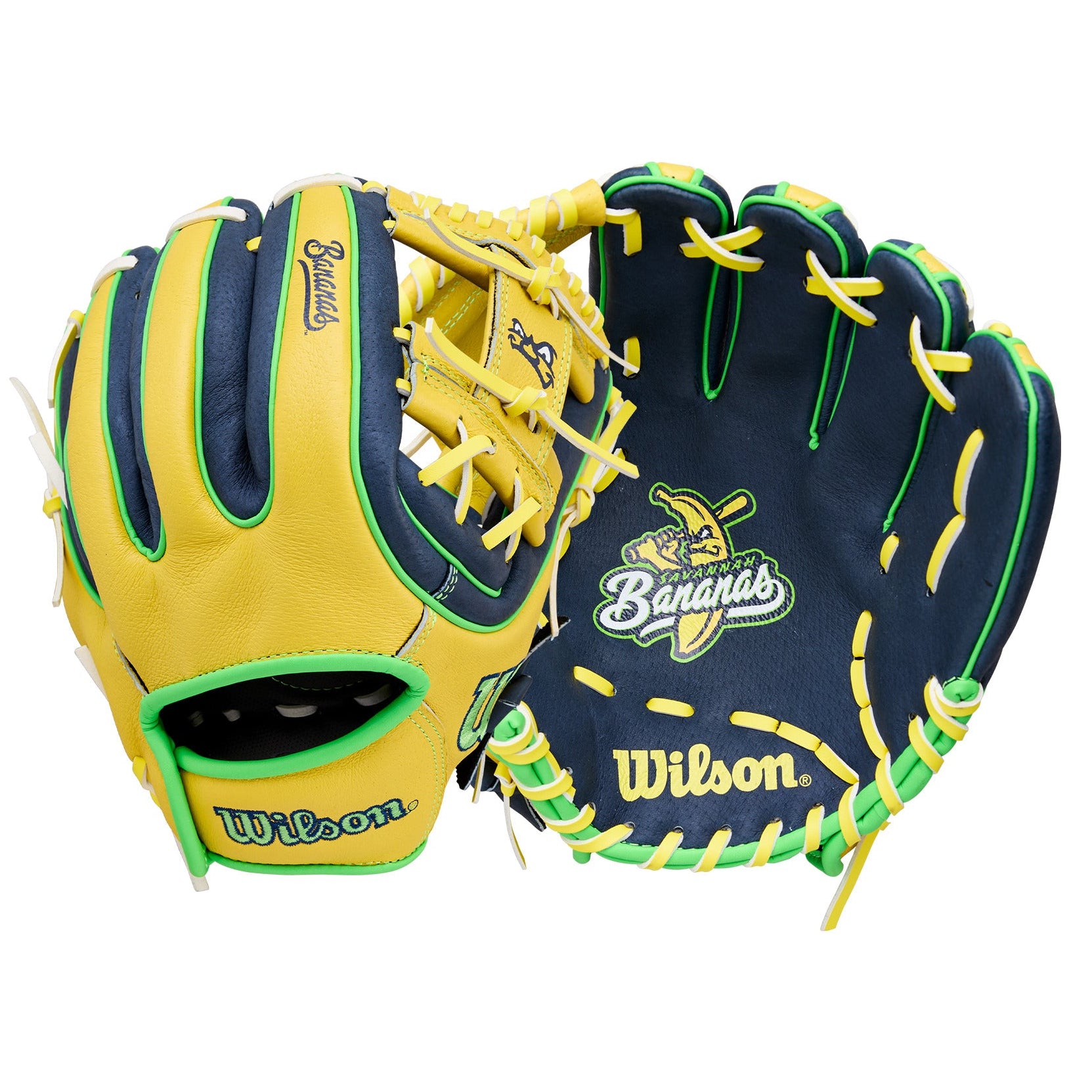 Wilson 2026 A450 Savannah Bananas 11" Youth Baseball Glove Ye/Nav/Neon LHT front and back showing yellow, navy blue, and neon accents