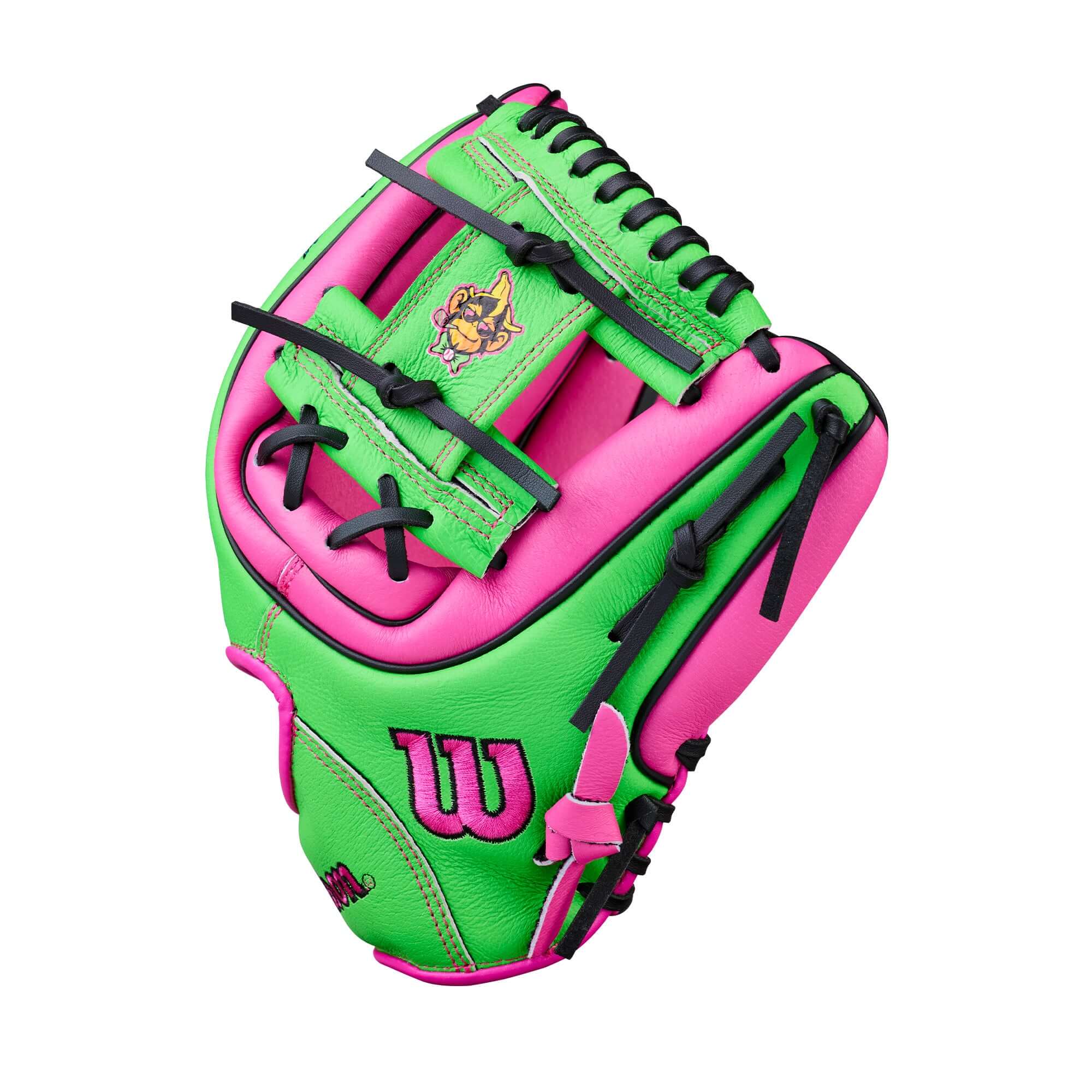 Thumb area of Wilson 2026 A450 Party Animals 11" Youth Baseball Glove with vibrant colors and smooth finish.