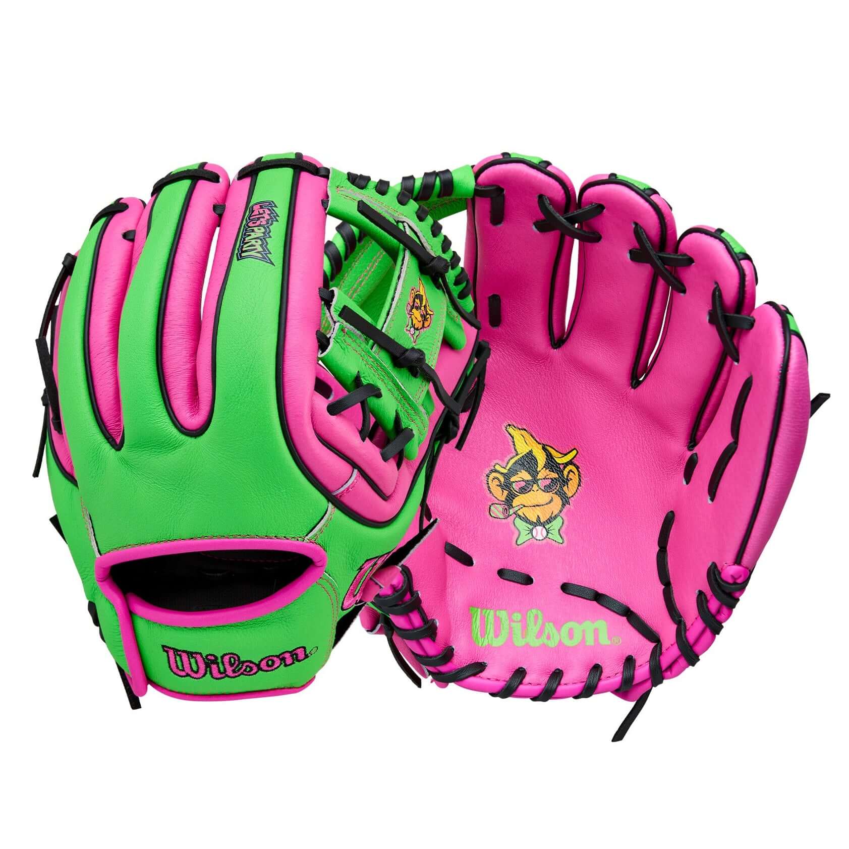 Wilson 2026 A450 Party Animals 11" Youth Baseball Glove front and back showing colorful design and H-Web pattern.