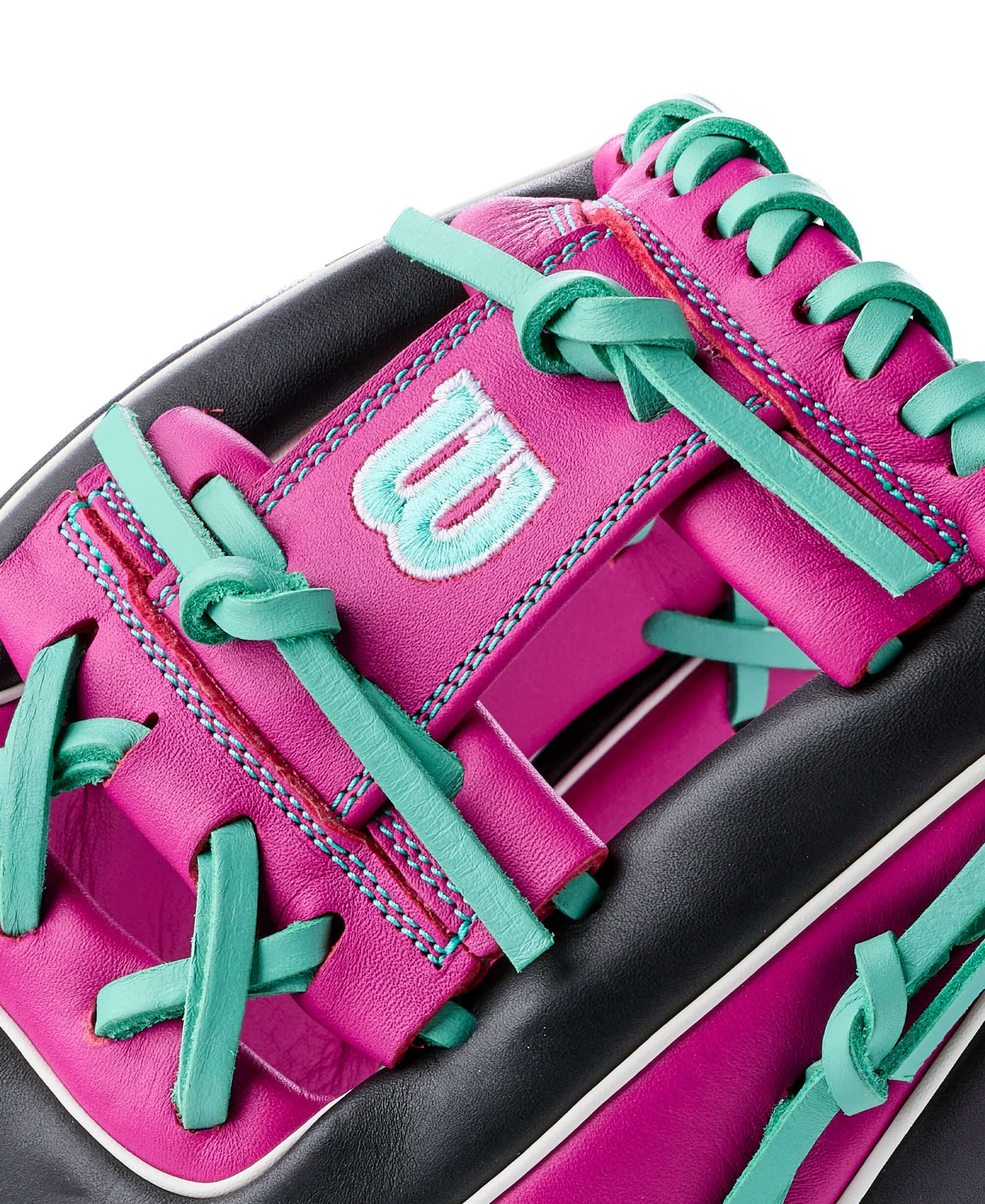 Wilson 2026 A1000 1788 Secret Menu 11.25" Infield Baseball Glove close-up of vibrant color detailing and lace patterns.