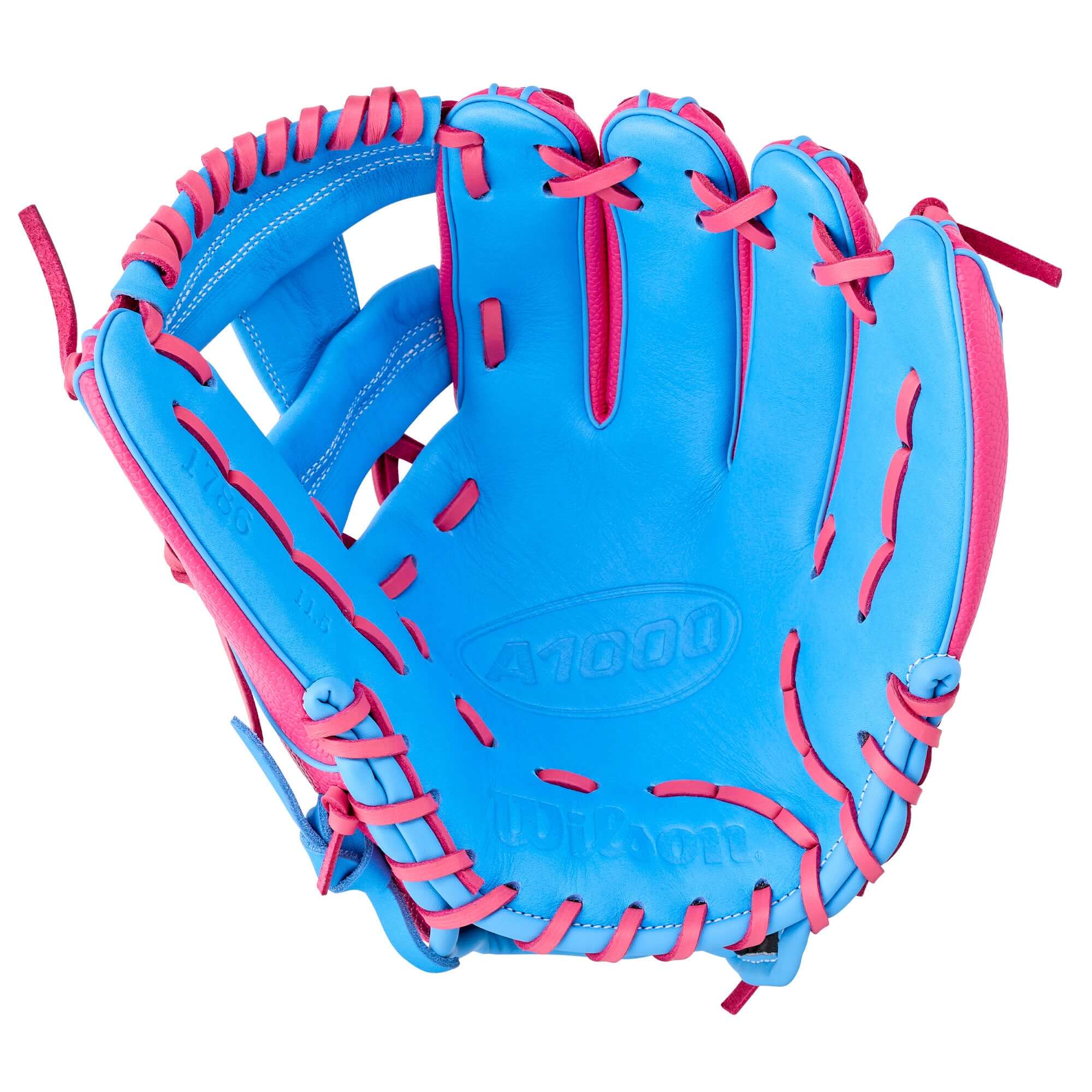 Wilson 2026 A1000 1786SSS Secret Menu 11.5" Infield Baseball Glove in blue and pink colors.