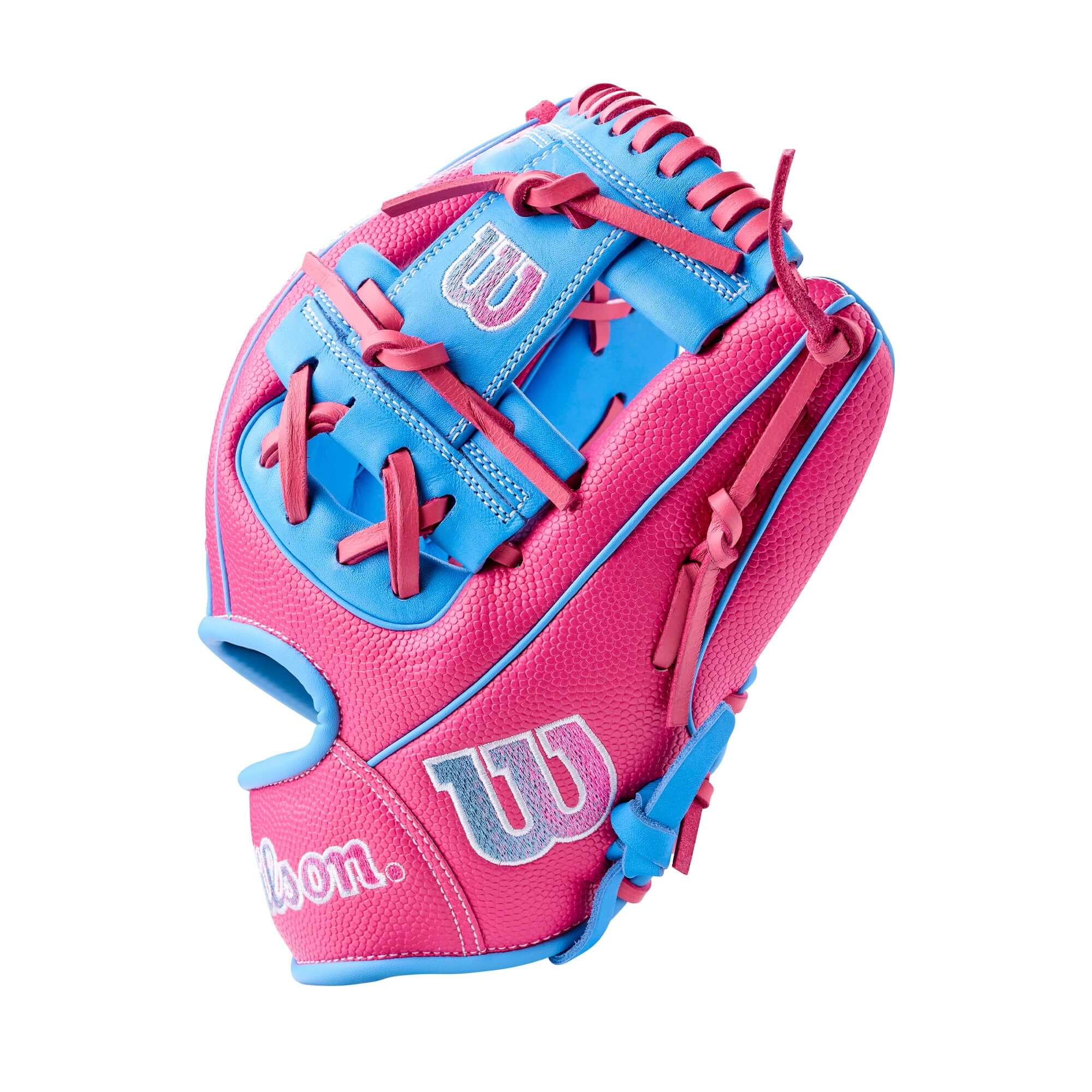 Wilson 2026 A1000 1786SSS Secret Menu 11.5" Infield Baseball Glove in pink and blue design.