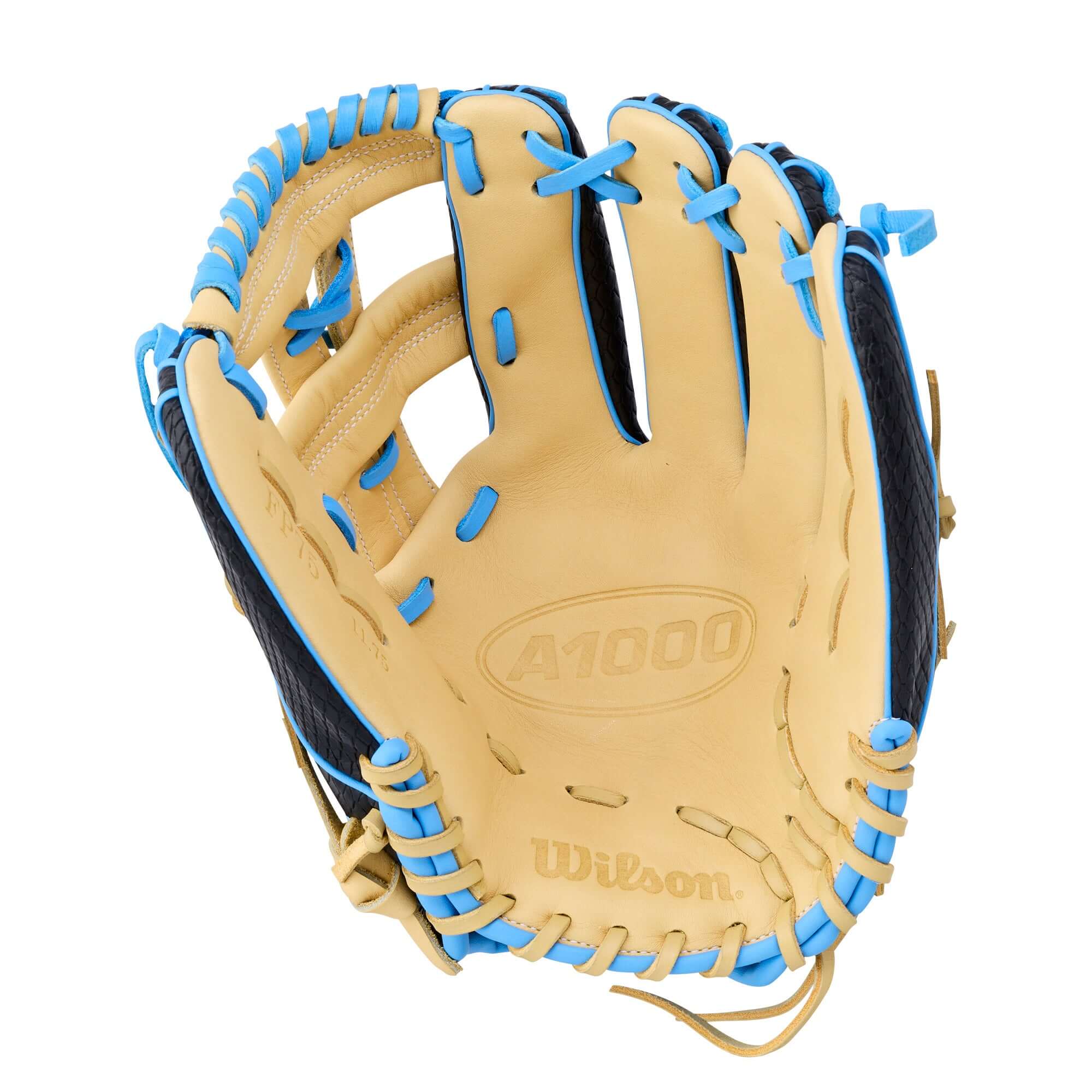 Wilson 2026 A1000 FP75 Secret Menu 11.75” Fastpitch Softball Glove in tan and blue colors, showcasing its premium design.