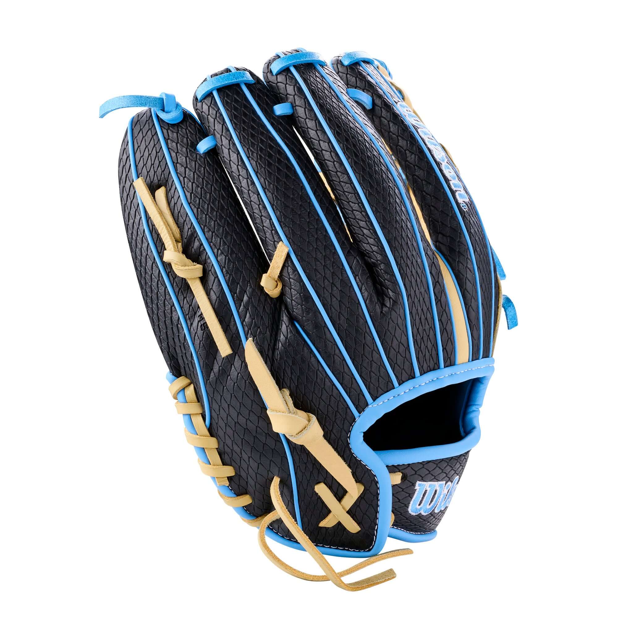 Wilson 2026 A1000 FP75 Secret Menu 11.75” Fastpitch Softball Glove in black and blue color scheme.
