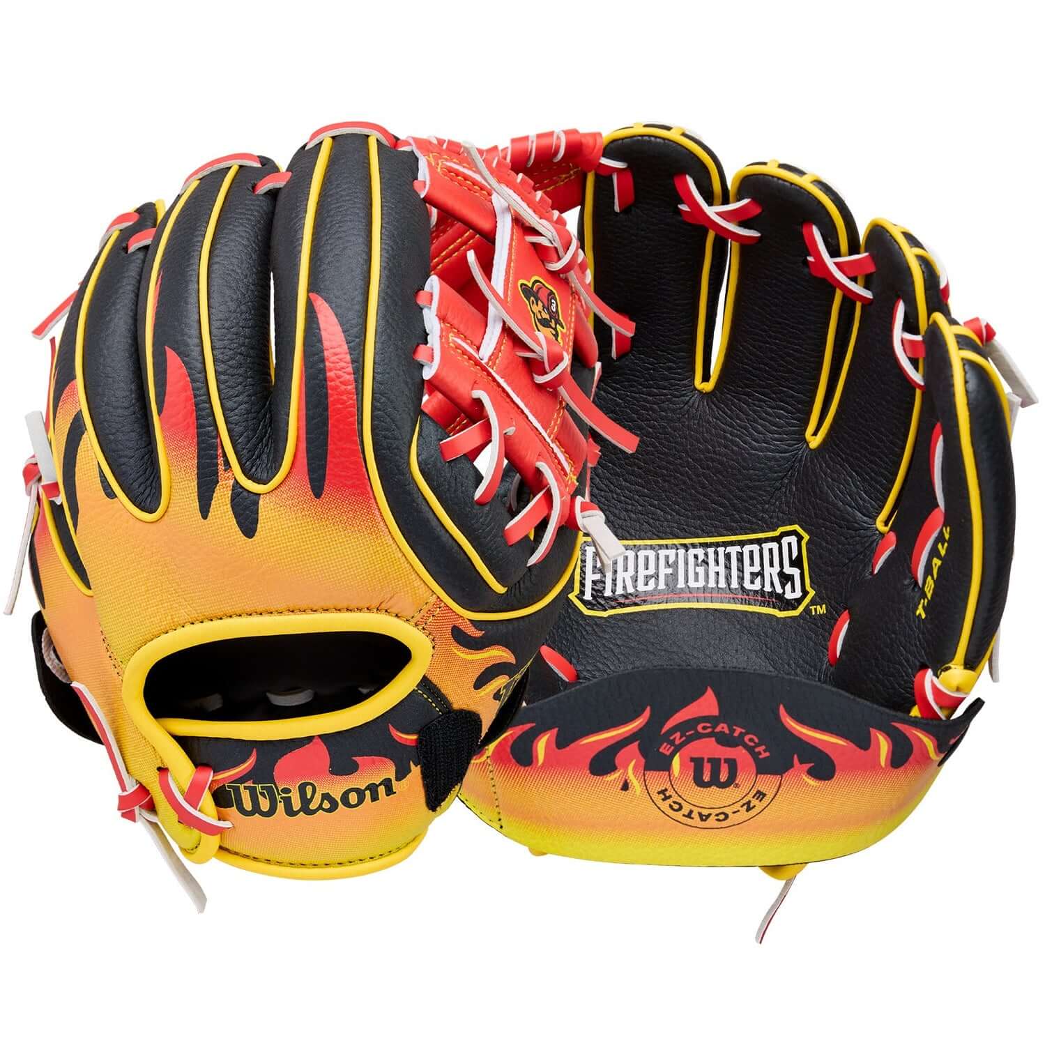 Wilson 2026 A200 EZ Firefighters 10" Youth Baseball Glove front and back view in red and black.