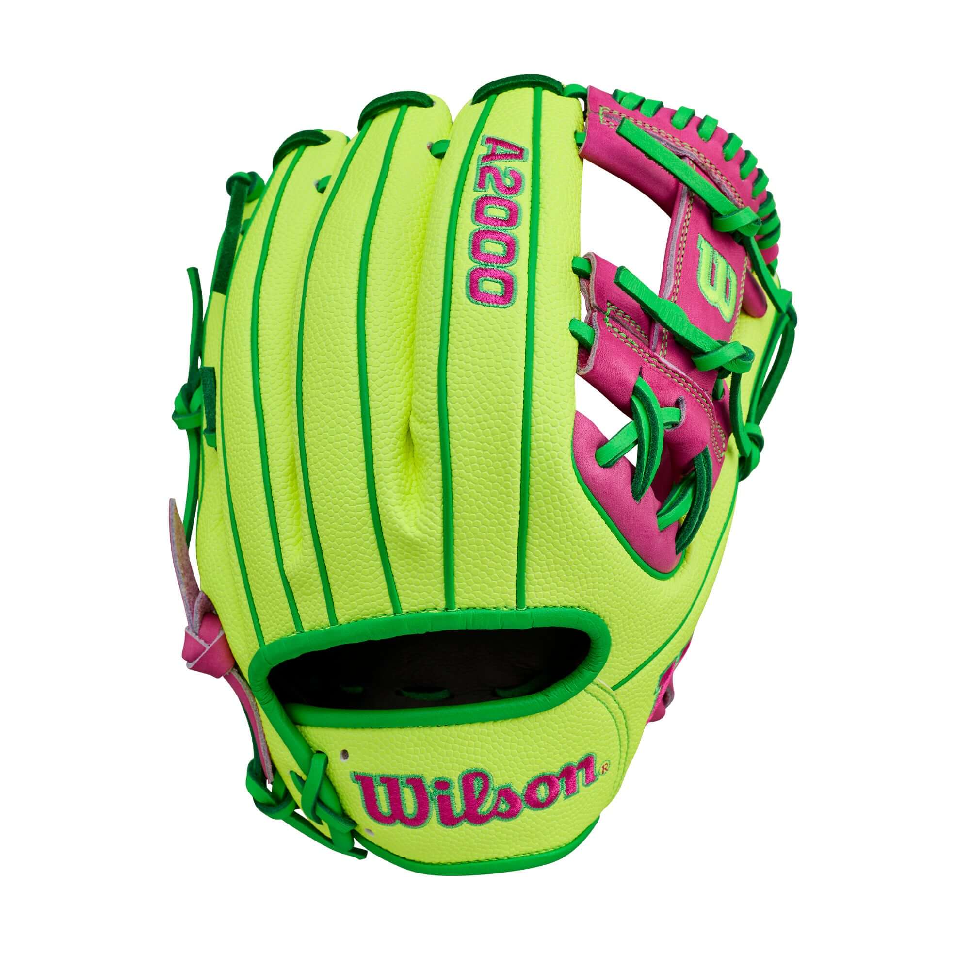 Wison A2000 March 2026 GOTM 1975SS Optic Yellow glove backhand view with green lacing and pink details