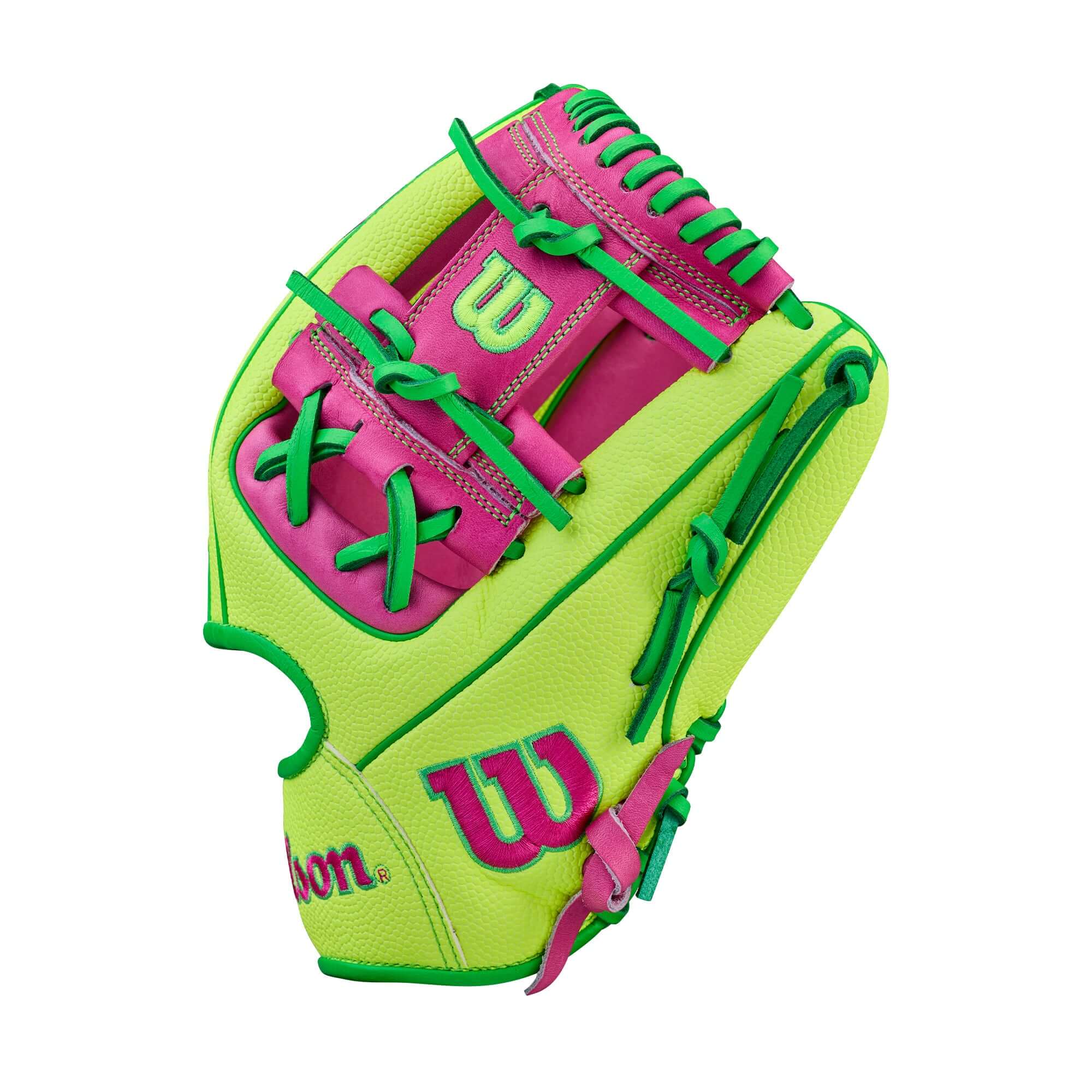 Wison A2000 March 2026 GOTM 1975SS Optic Yellow, backhand view with pink lacing and green accents.
