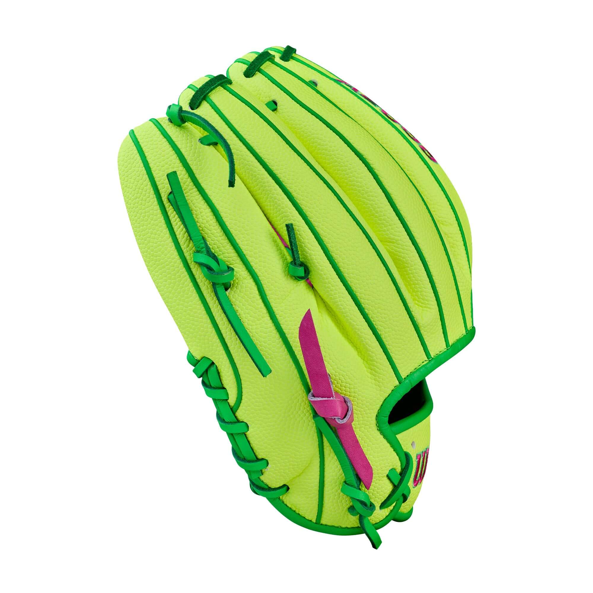 Wison A2000 March 2026 GOTM 1975SS Optic Yellow glove, backhand view with green lacing and pink logo detail.