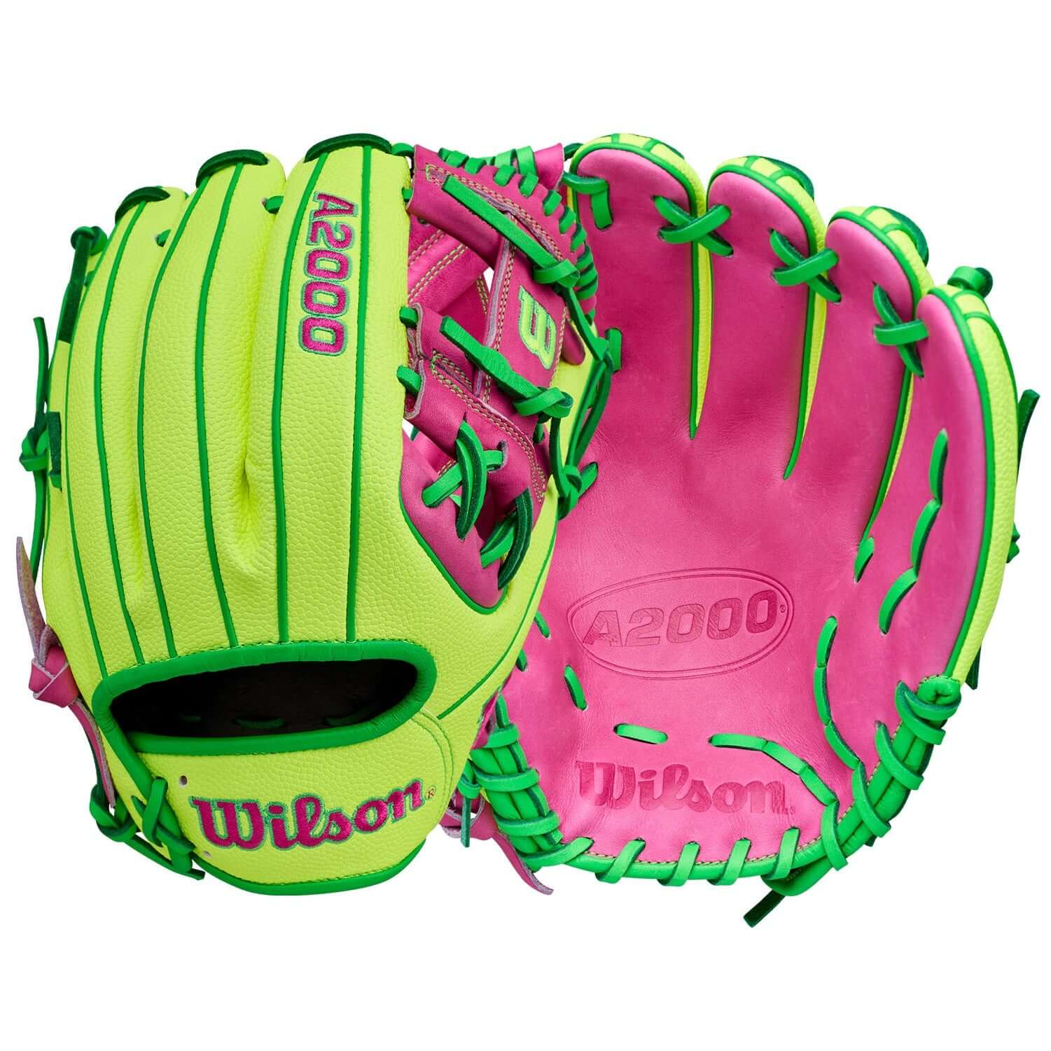 Wison A2000 March 2026 GOTM 1975SS Optic Yellow softball glove, palm and backhand view, pink and green lacing, I-web design.