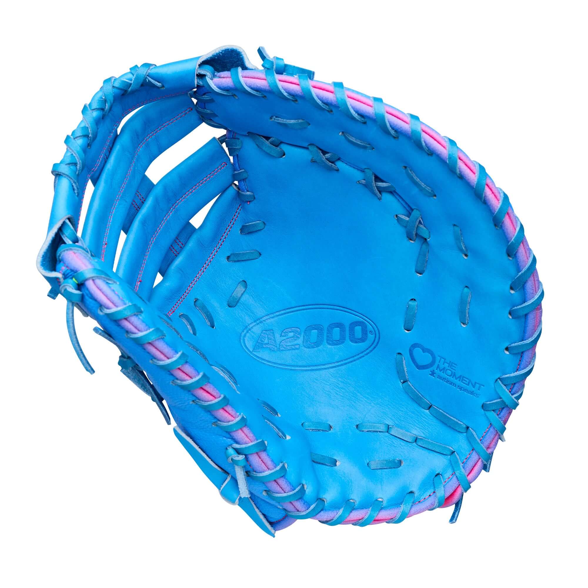 Palm view of Wilson 2026 Love the Moment A2000 1612 12” Baseball First Base Mitt, blue with pink lacing, visible brand logo.