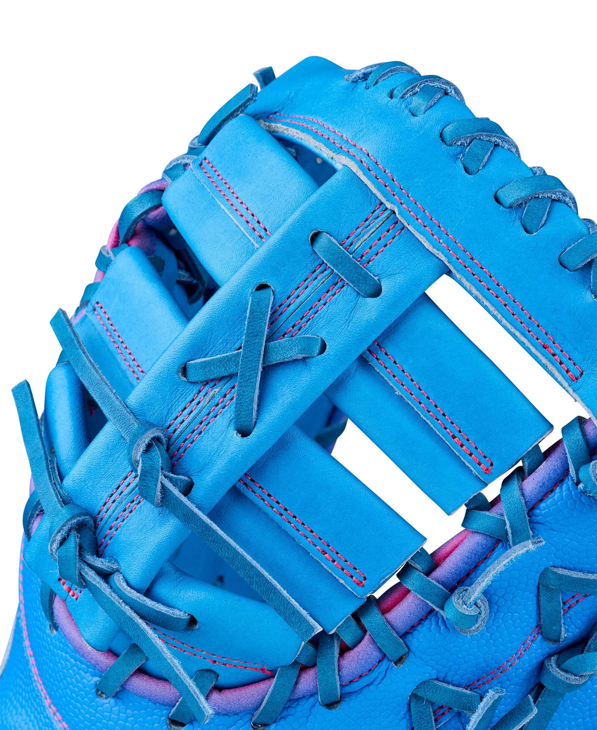 Web detail showing blue lacing and stitching on Wilson 2026 Love the Moment A2000 1612 12” Baseball First Base Mitt.