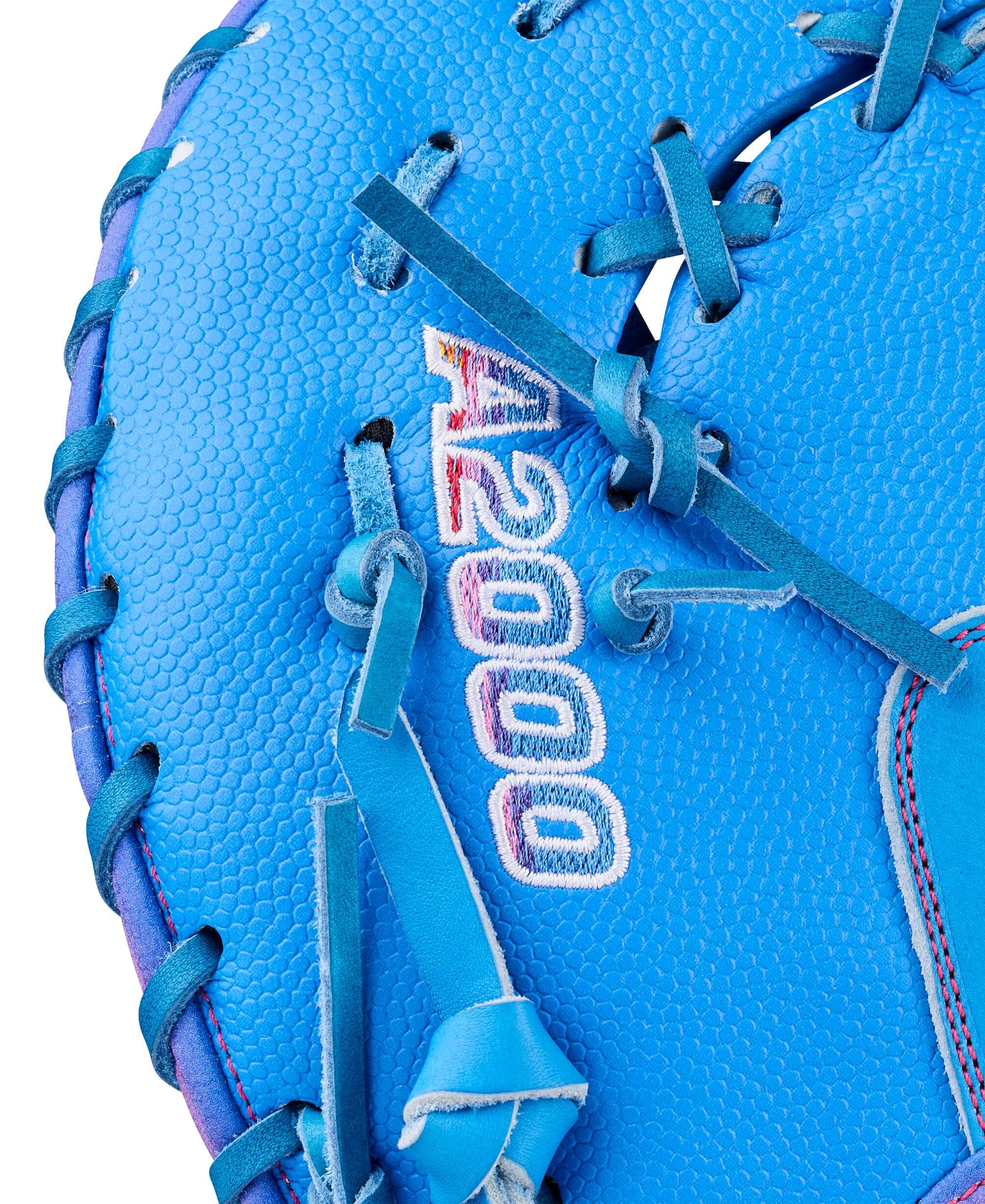 Wilson 2026 Love the Moment A2000 1612 glove, web detail with blue leather lacing and A2000 embroidery.