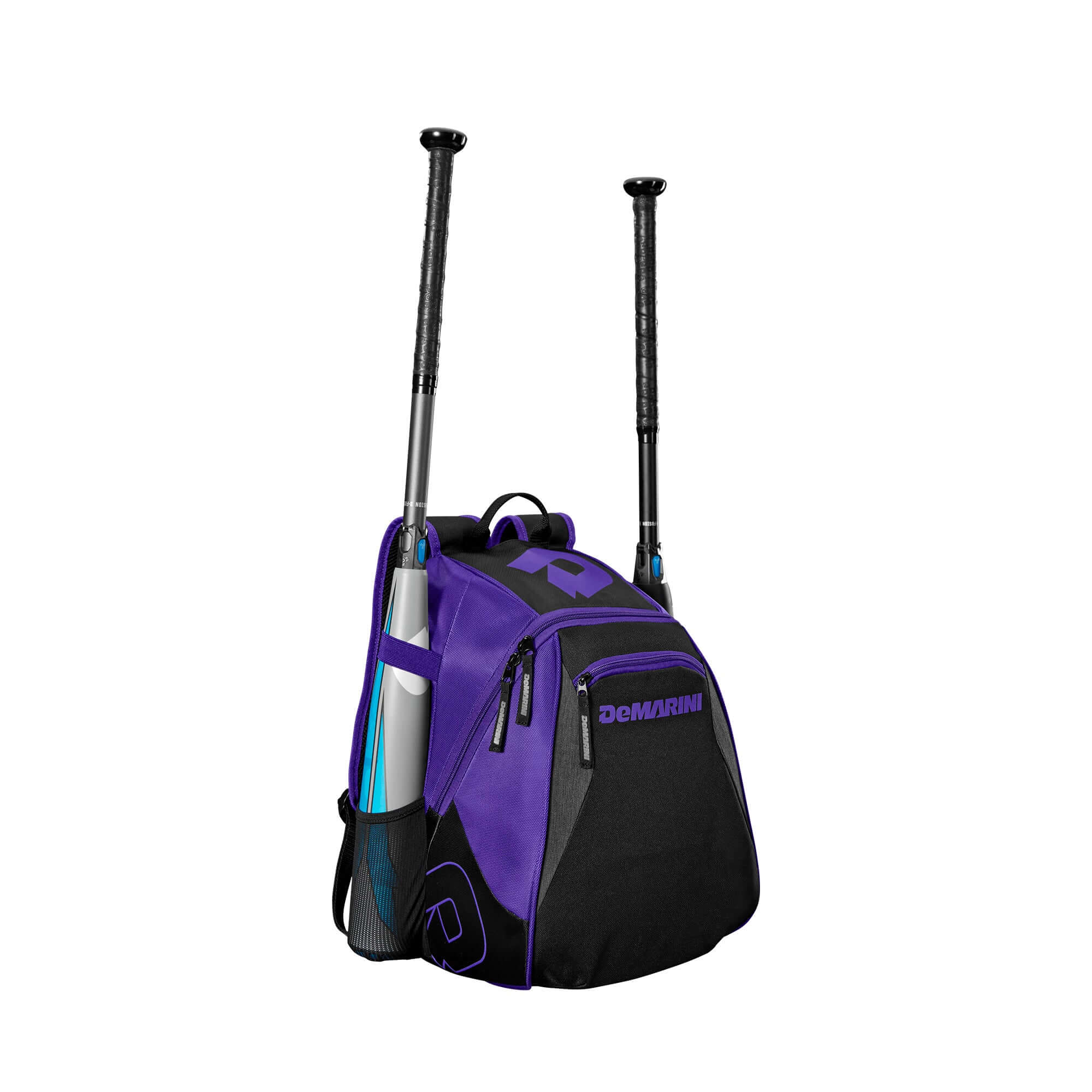 DeMarini Voodoo Junior Backpack for young athletes, black with white logo, large main compartment, mesh bat sleeves.